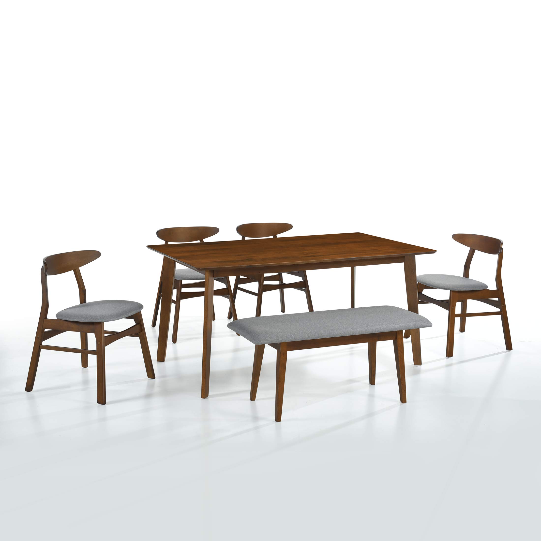 WO Indoor 6-Piece Wood Dining Table Set with Chairs & Bench, Traditional Retro Aesthetic Upholstered Furniture for Home, Complete Dining Room in Gray/Grey, Perfect for Family Gatherings & Entertaining Guests
