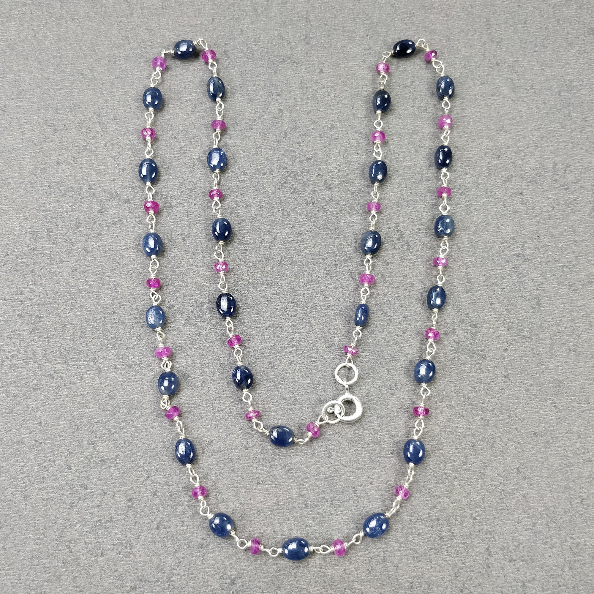Natural Blue Sapphire & Burmese Ruby Gemstone Beads Necklace - 925 Sterling Silver Oval Cabochon Cut Statement Jewelry for Women | Perfect for Weddings, Parties & Special Occasions