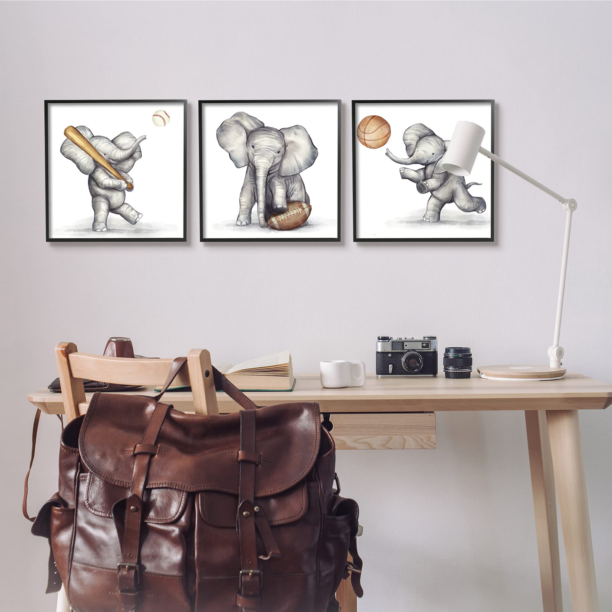 Stupell Industries 3-Piece Baby Elephant Athlete Wall Art Set - Basketball, Baseball, Football - Designed by Ziwei Li - Black Frame, 17x17 Inches, Grey - Perfect for Nursery, Kids Room & Sports Themed Decor