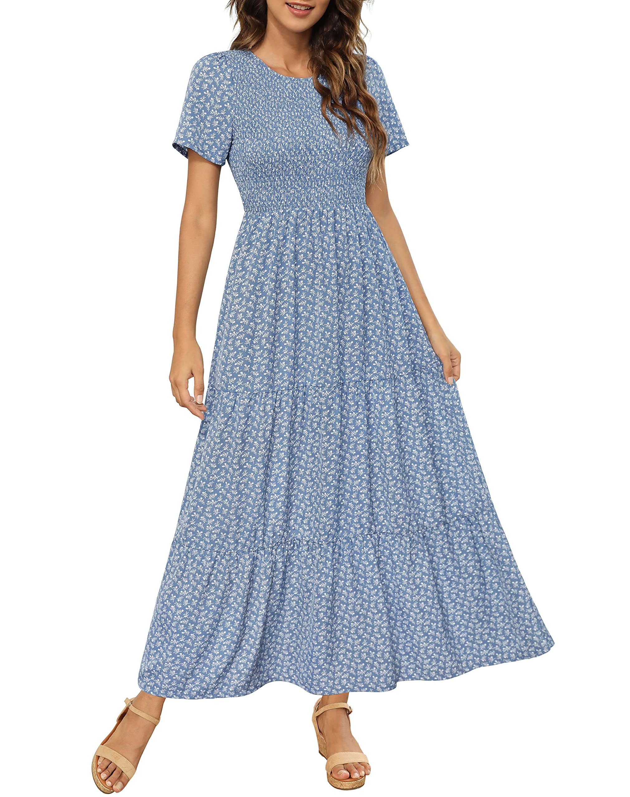 Maggeer Women's 2025 Spring Summer Floral Boho Maxi Dress - Smocked Waist, Short Sleeve, Flowy Wedding Guest Dress for Casual Occasions, Beach Vacations & Garden Parties