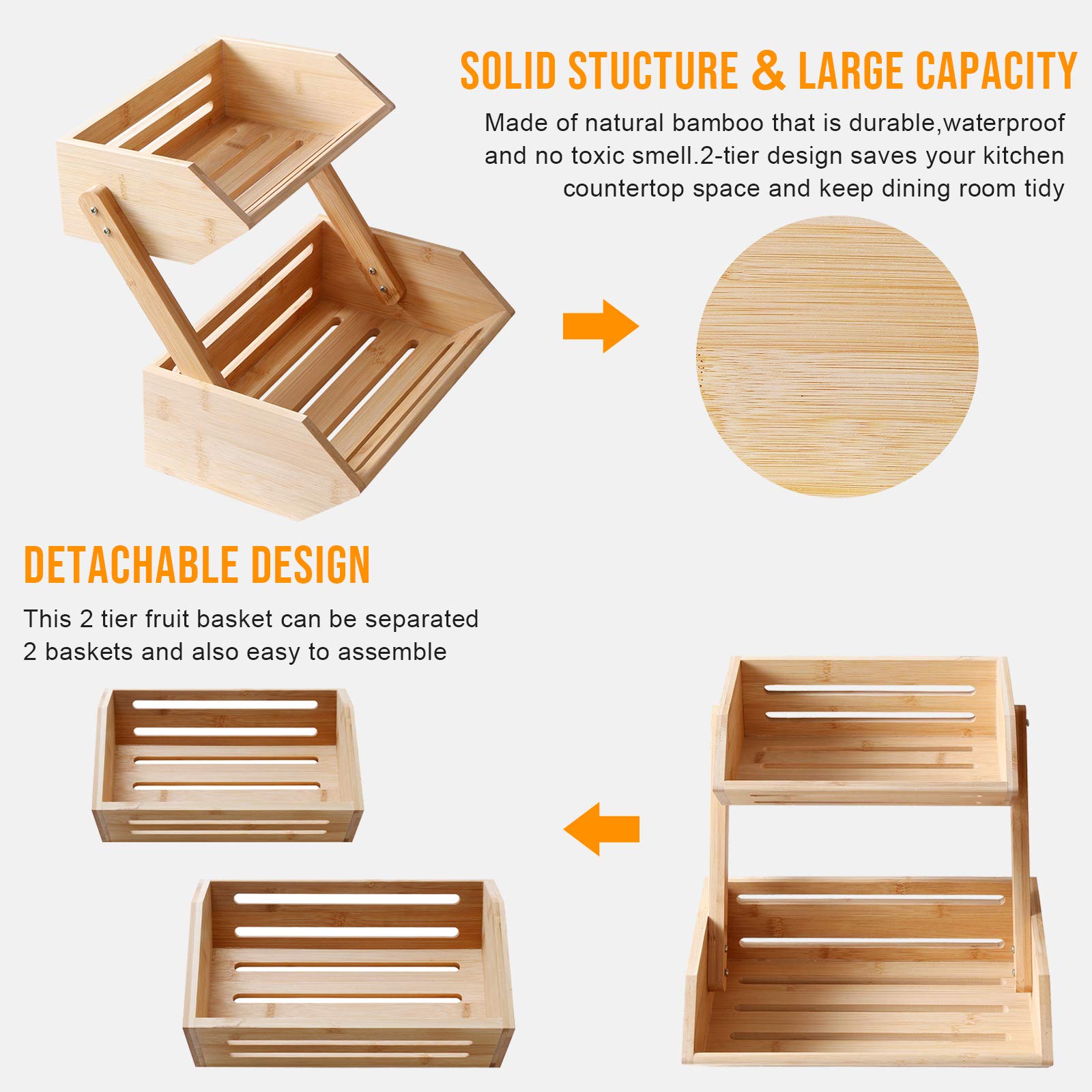 WELLAND 2-Tier Bamboo Countertop Fruit Basket Bowl - Kitchen & Dining Table Organizer for Bread, Vegetables & Snacks | Perfect for Pantry Storage, Counter Display & Healthy Snacking