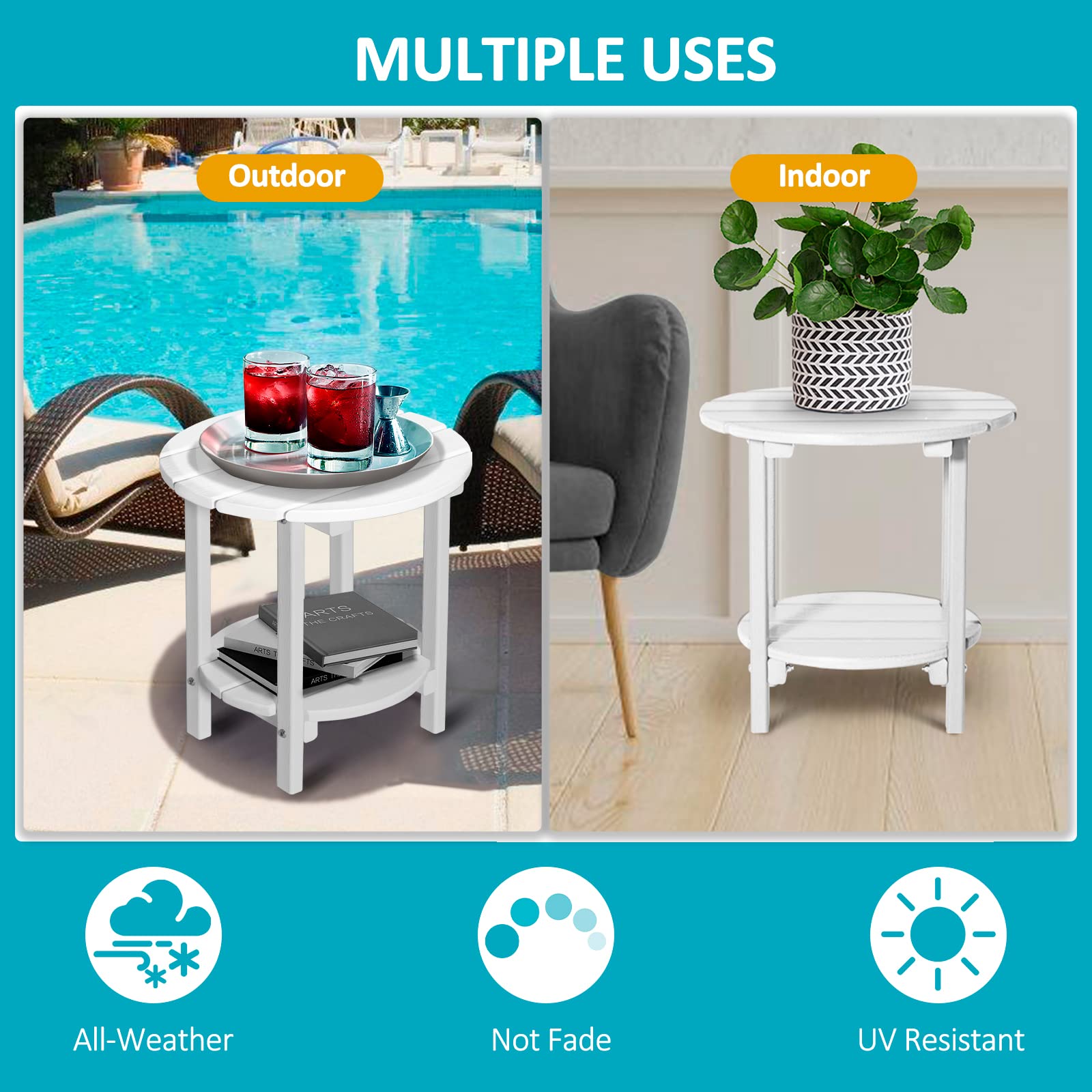 2-Tier Round Outdoor Side Table with Wood-Like Grain - 17.7