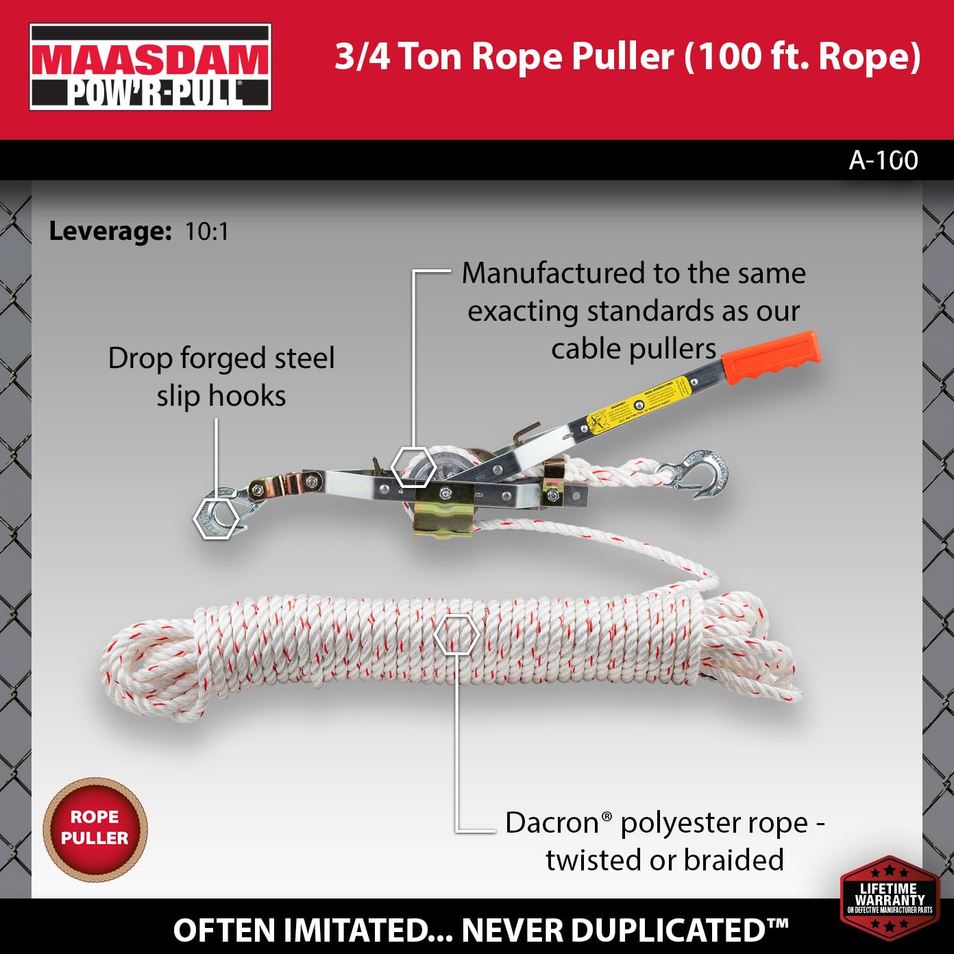 Maasdam Pow'R Pull A-100 3/4 Ton Capacity Rope Puller with 100' of 1/2