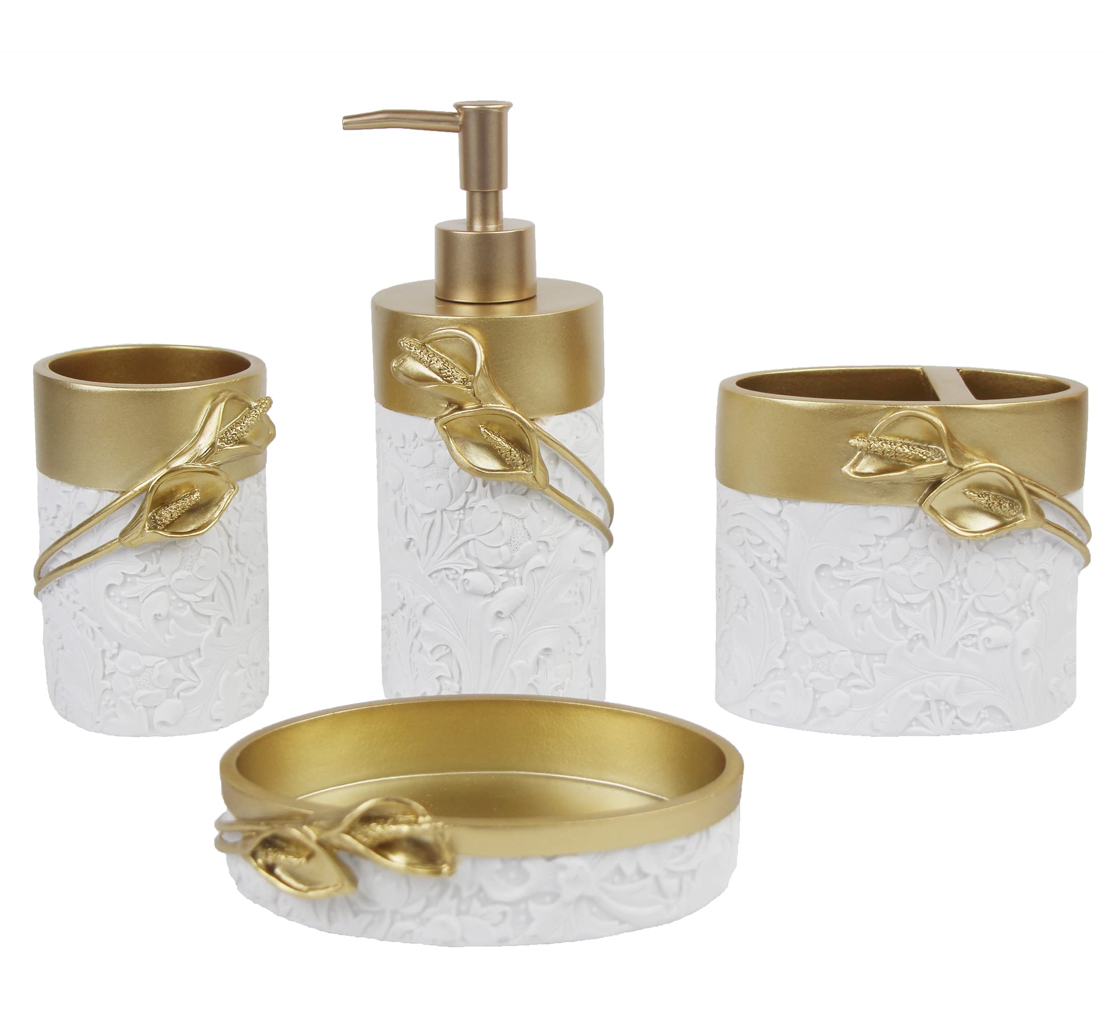 Golden Bathroom Accessories Set 4-Piece - Farmhouse Toothbrush Holder, Soap Dispenser, Soap Dish & Tumbler - Elegant Resin Bath Decor for Apartment Essentials (Perfect for Rustic, Modern & Vintage Bathrooms)
