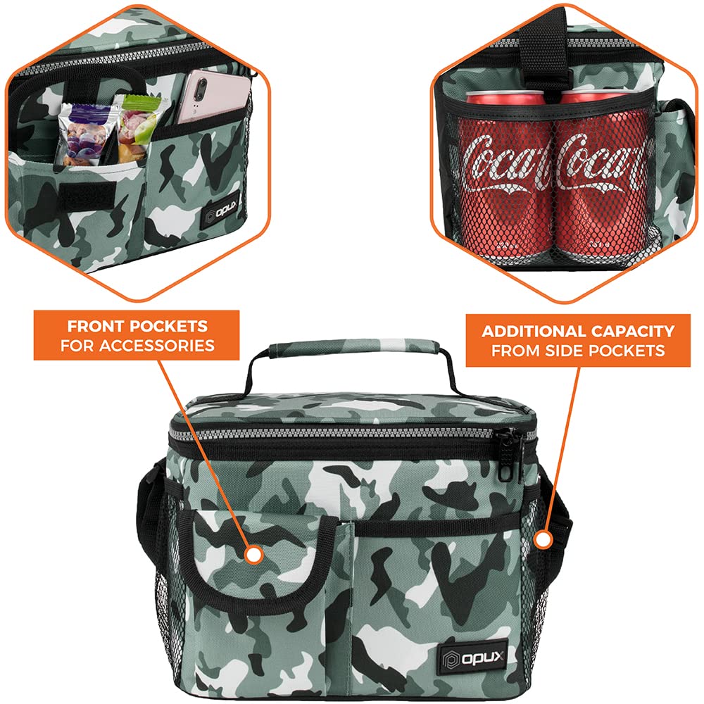 Opux Insulated Lunch Bag for Men & Women - Leakproof Camo Green Lunch Box for Work & School - Portable Soft Cooler Bag with Shoulder Strap - Adult & Kids Lunchbox (14 Can/8L Capacity) - Perfect for Office, Picnics & Outdoor Activities