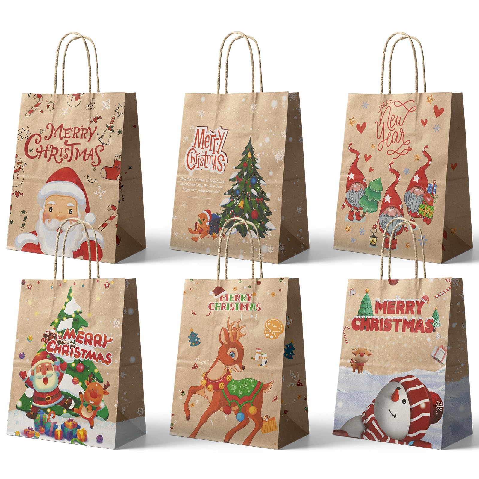 24Pcs Christmas Kraft Gift Bags with Handles - Bulk Holiday Paper Gift Bags for Party Favors, Presents & Decorations - 6 Festive Designs for Christmas, Xmas Parties & Gift Wrapping (Medium Size)