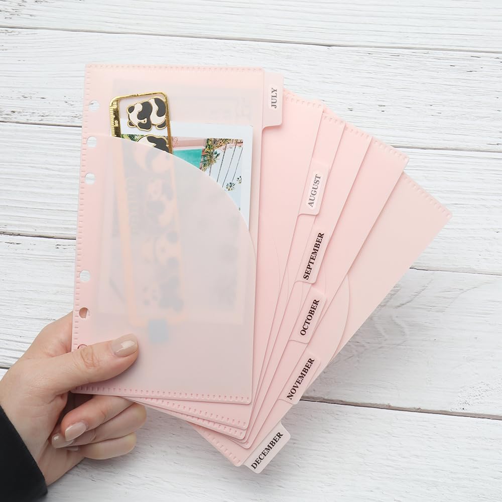 MEI YI TIAN 2-Pack A6 Pink PP Cash Envelopes - 12 Sheets with 6 Tabs, Zipless Budget Binder Index Dividers & 2 Pockets for 6-Ring Binders - Money Organizer for Home Budgeting, Bill Payment & Financial Planning