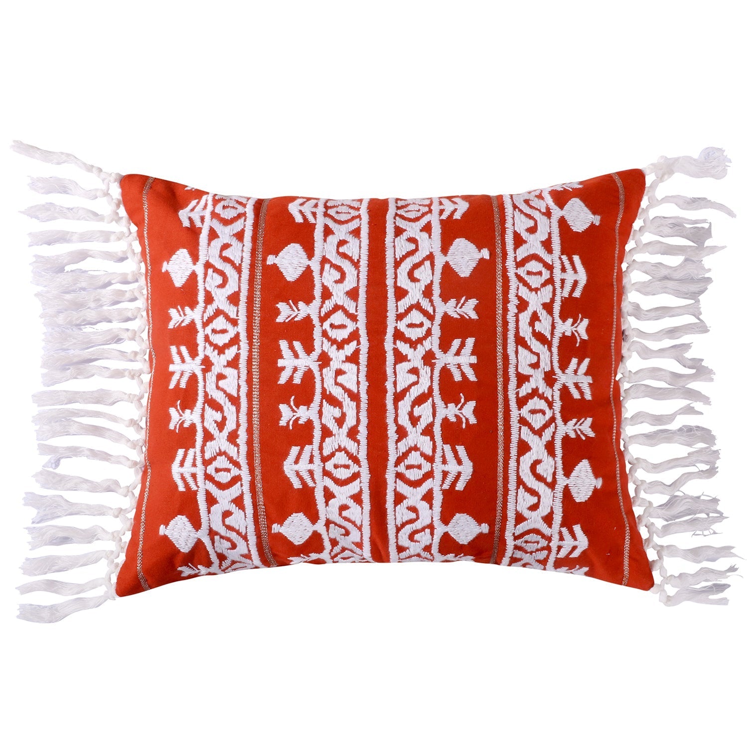 Handmade Assam Crewel Pillow with Red Gold Tassel Trim - Boho Home Decor for Living Room, Bedroom & Sofa