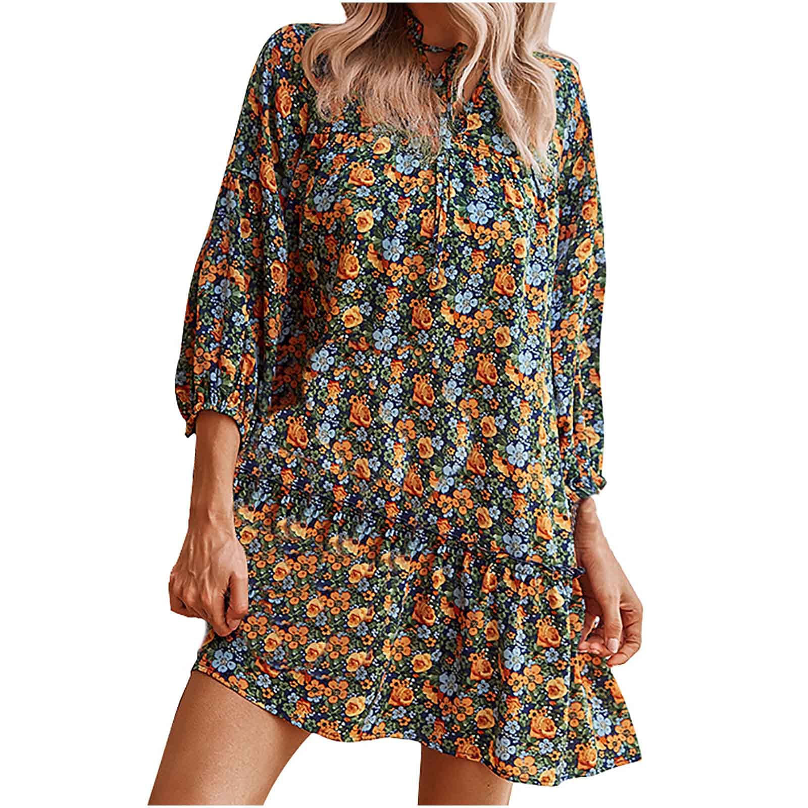 Women's Fall Long Sleeve V-Neck Casual Dress - Loose Fit Printed Midi Dress with Short Skirt | Perfect for Office, Date Night & Autumn Outings