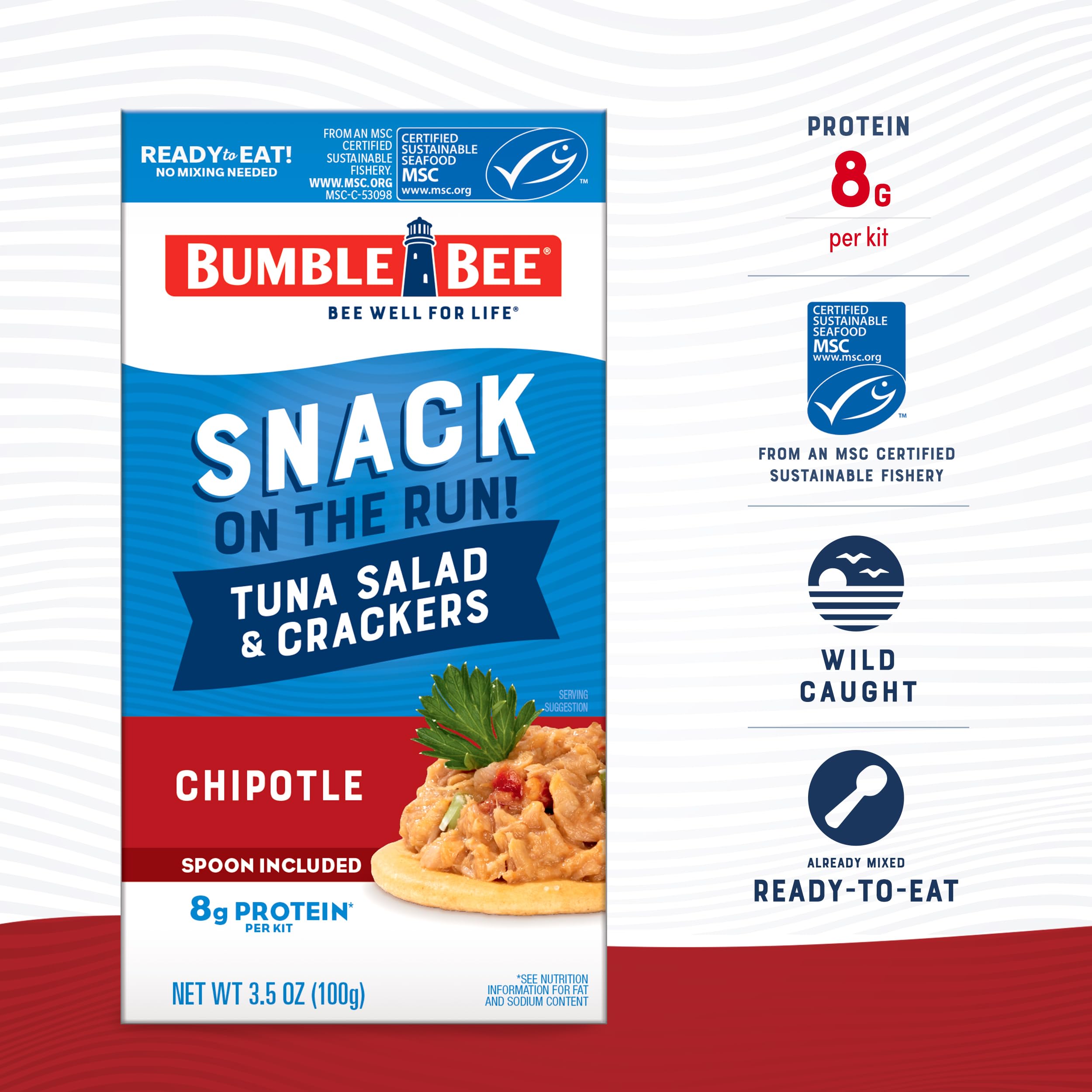 Bumble Bee Chipotle Tuna Salad with Crackers Kit - 3.5 Oz, Pack of 12 | Wild Caught, Ready to Eat Protein Snack with Spoon | Shelf Stable, Convenient for Office Lunch, Hiking & Road Trips