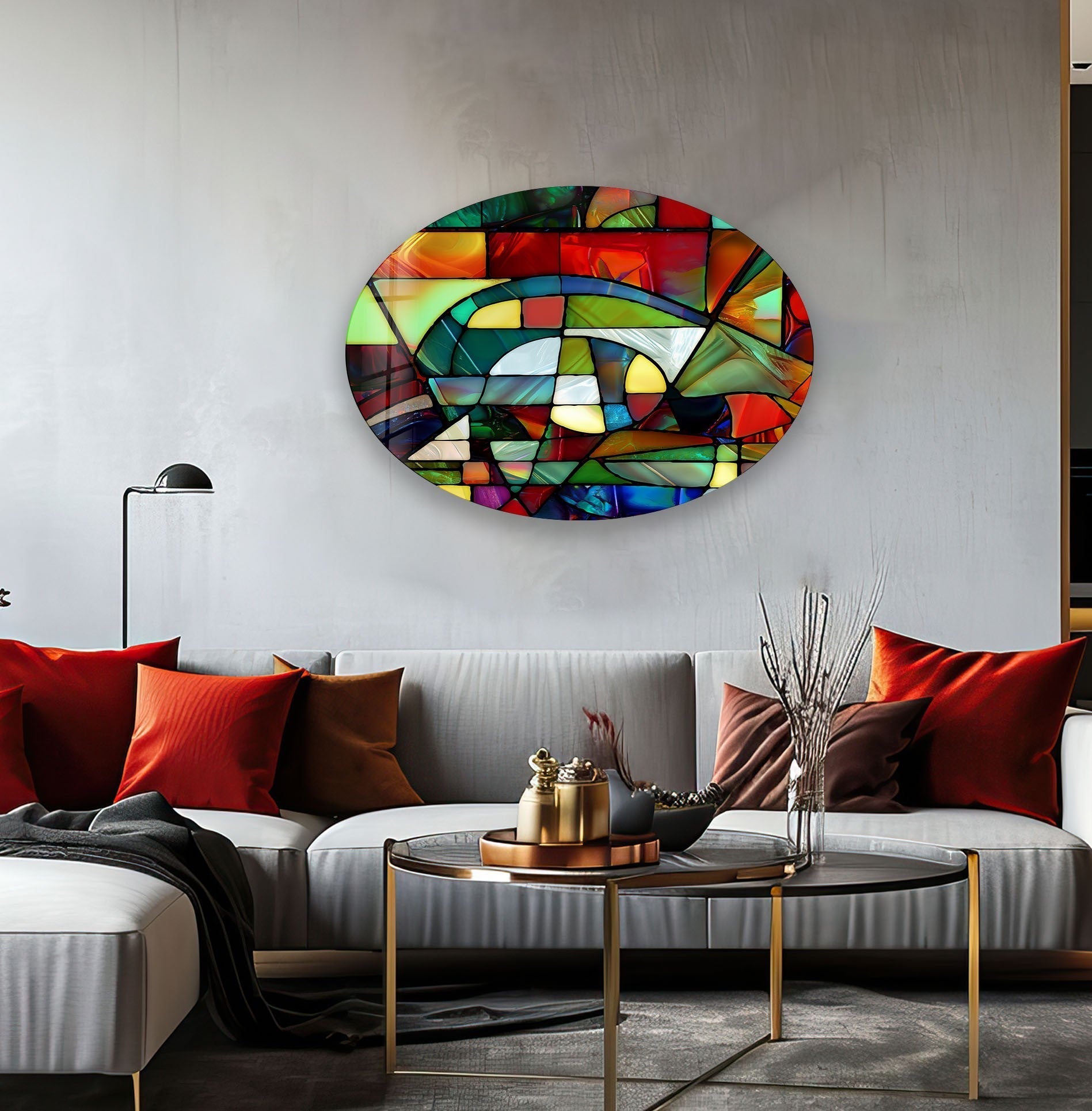 Asymmetric Oval Stained Geometric Glass Wall Art - Modern Abstract Home Decor for Living Room, Bedroom & Office - Handmade Colorful Glass Panel for Unique Interior Design