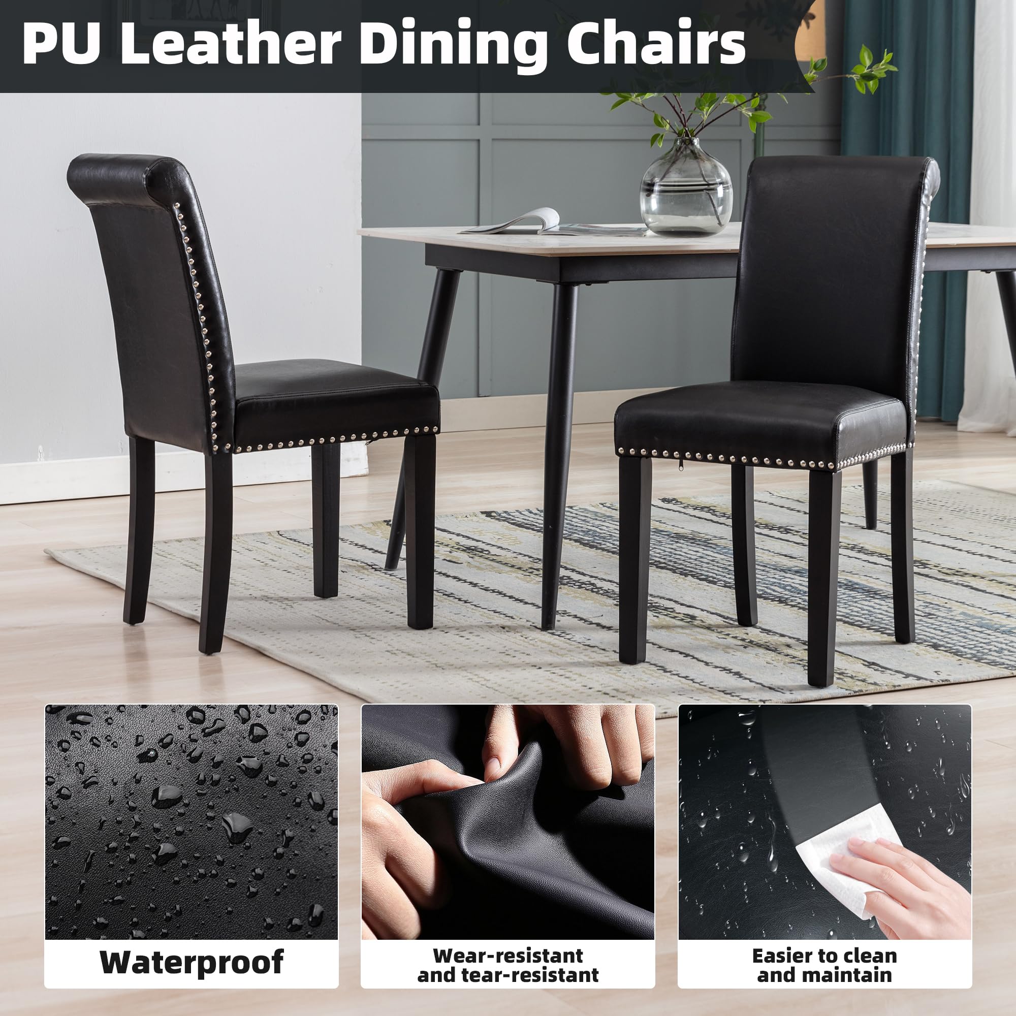 Westice 4-Piece Upholstered PU Leather Dining Chair Set with Nailhead Trim & Rubber Wood Legs - Modern Kitchen Side Chairs for Small Spaces & Apartments - Perfect for Dining Rooms, Breakfast Nooks & Compact Living Areas (Black)
