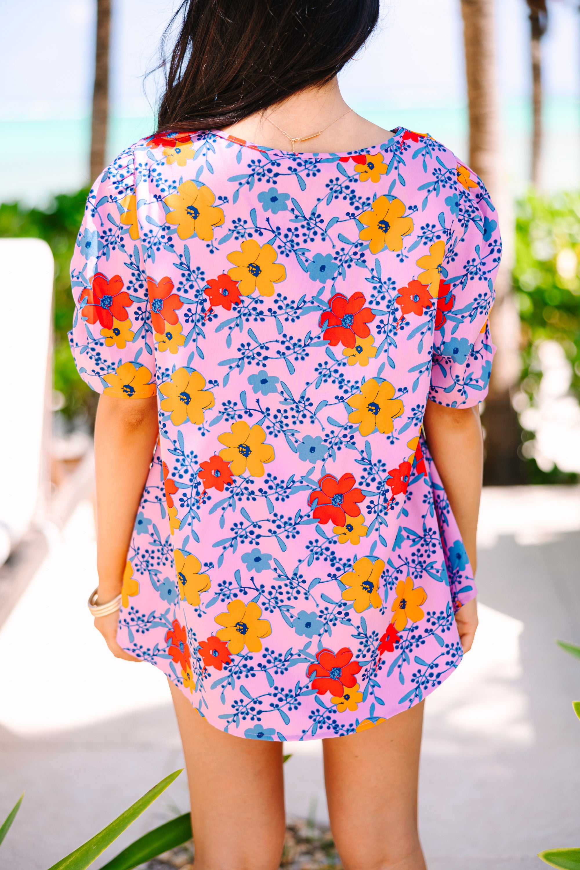 Ease On By Pink Floral Top - Women's Flowy Blouse for Spring & Summer - Perfect for Casual Outings, Dates & Beach Vacations