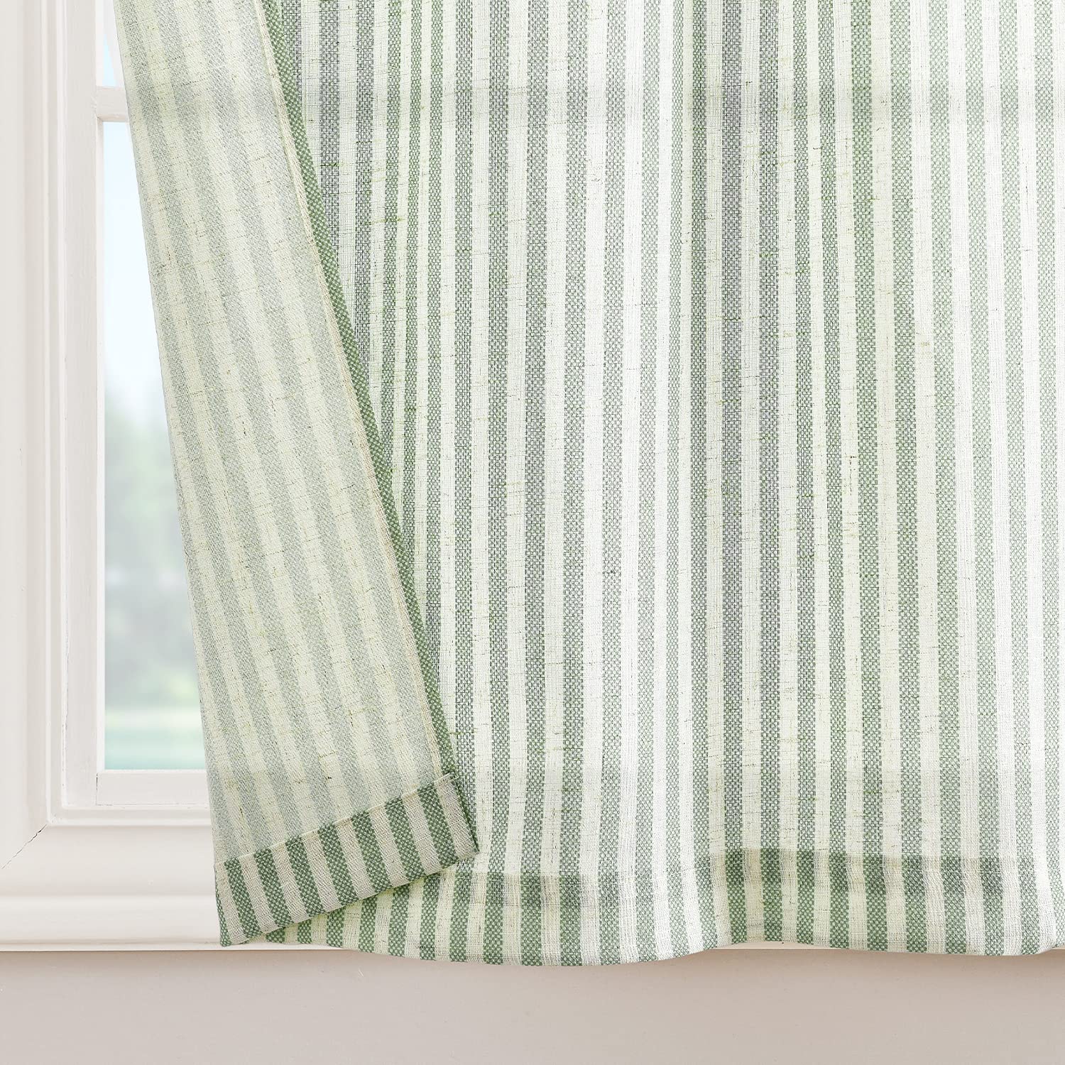 Jinchan 36 Inch Striped Linen Kitchen Curtains - Farmhouse Rustic Tier Curtains with Rod Pocket, Sage Green Ticking Stripe Drapes for Living Room, Bathroom & Cafe Windows | Perfect for Small Windows, Farmhouse Decor & Cozy Kitchen Settings