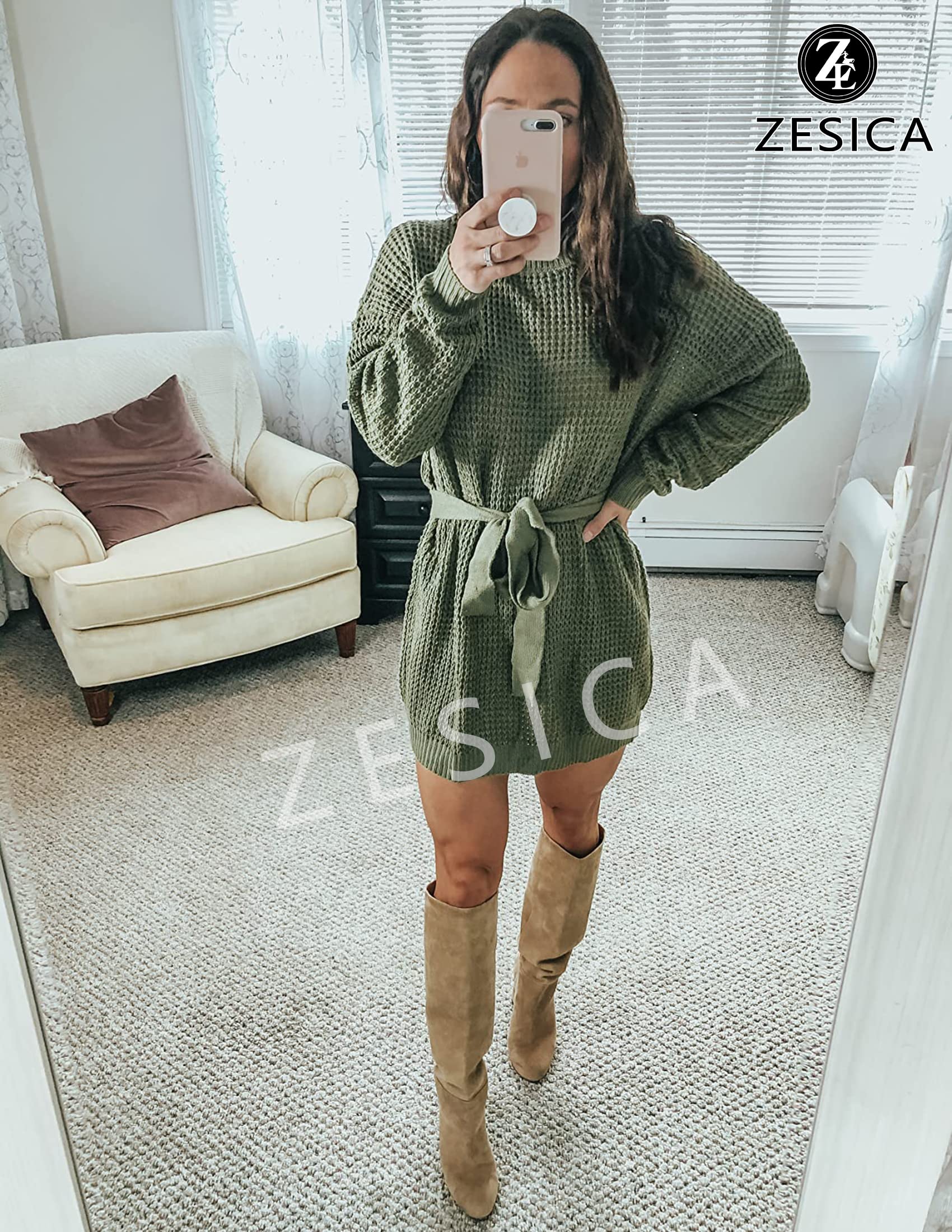 ZESICA Women's Long Sleeve Waffle Knit Tie Waist Tunic Sweater Dress - Fall Winter Pullover Casual Outfit for Work, Date Night & Holiday Season
