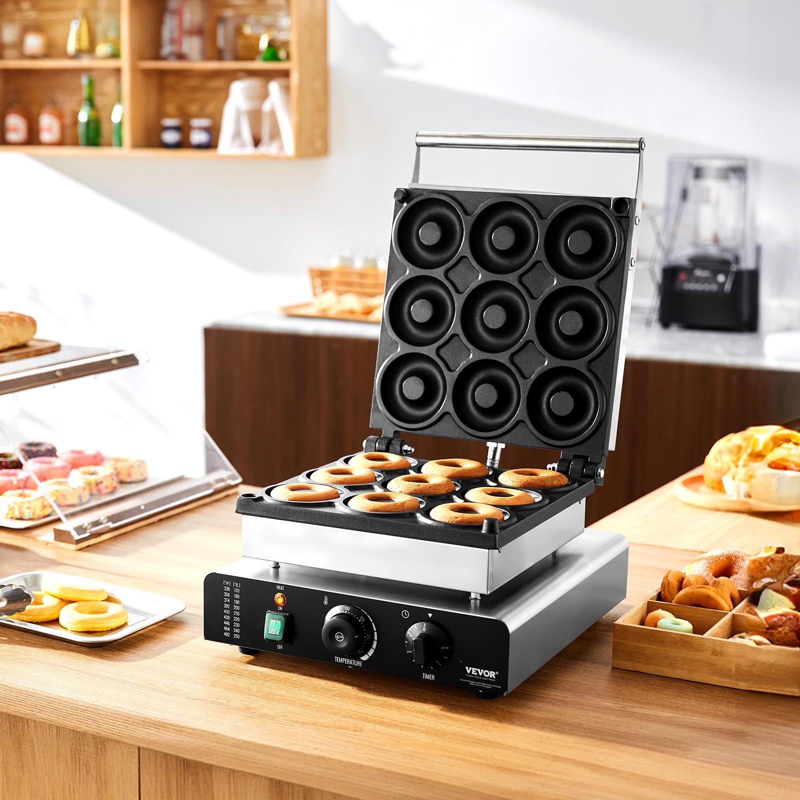 VEVOR 2000W Commercial Electric Donut Maker Machine - 9 Hole Non-Stick Waffle Iron with Double-Sided Heating (122-572℉) - Perfect for Restaurants, Bakeries, Cafes & Home Breakfast Donut Making