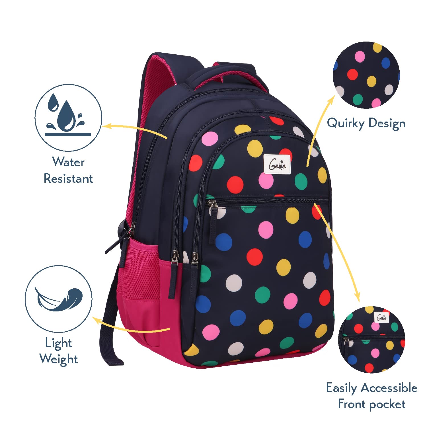 Genie Poppins Women's Backpack - 3 Compartment Water Resistant School Bag for Girls & College Students | Stylish Trendy Daypack for Travel, Work & Campus Life