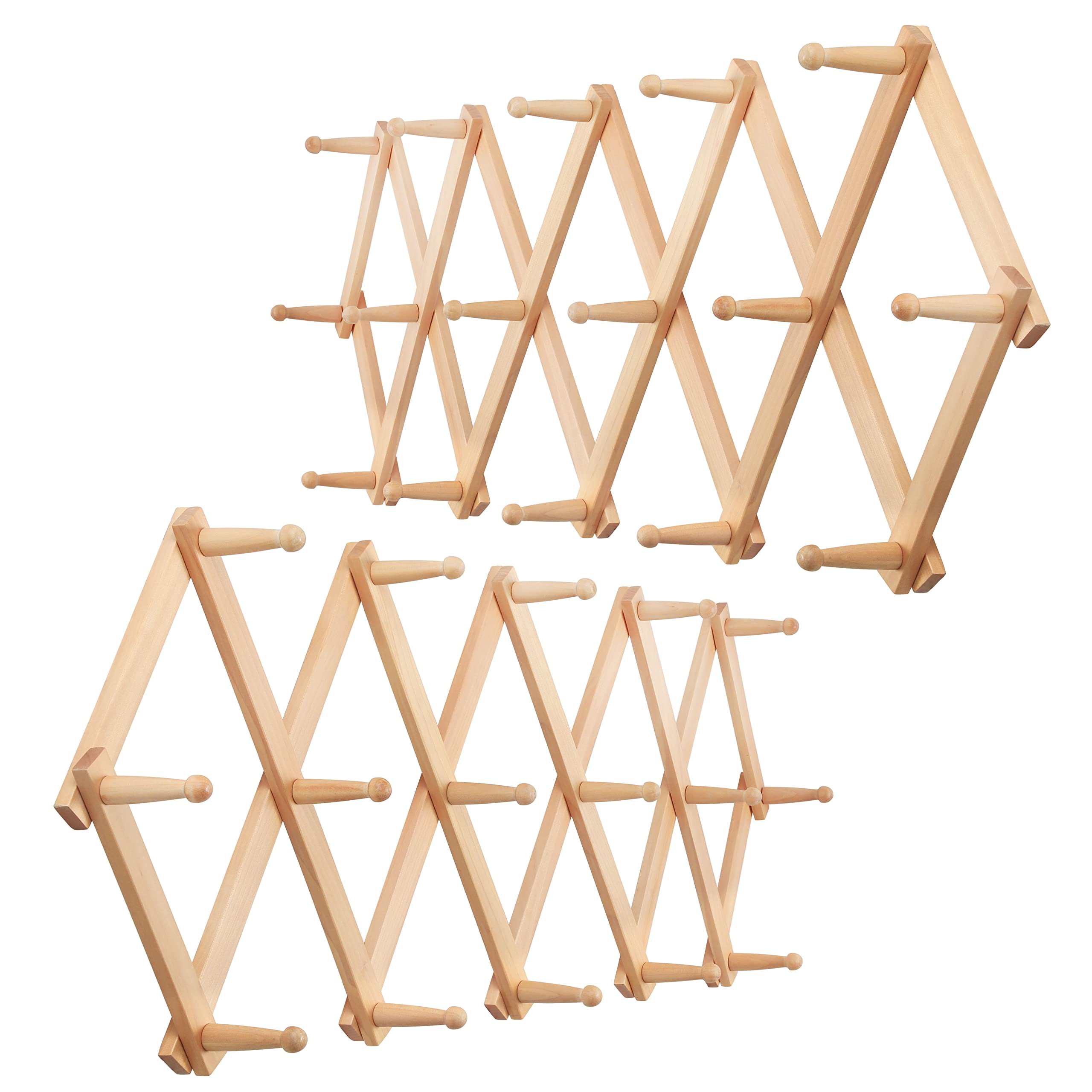 Expandable Wooden Coat & Hat Rack - 16 Peg Hooks, Natural (2 Pack) - Perfect for Entryway & Bedroom Organization