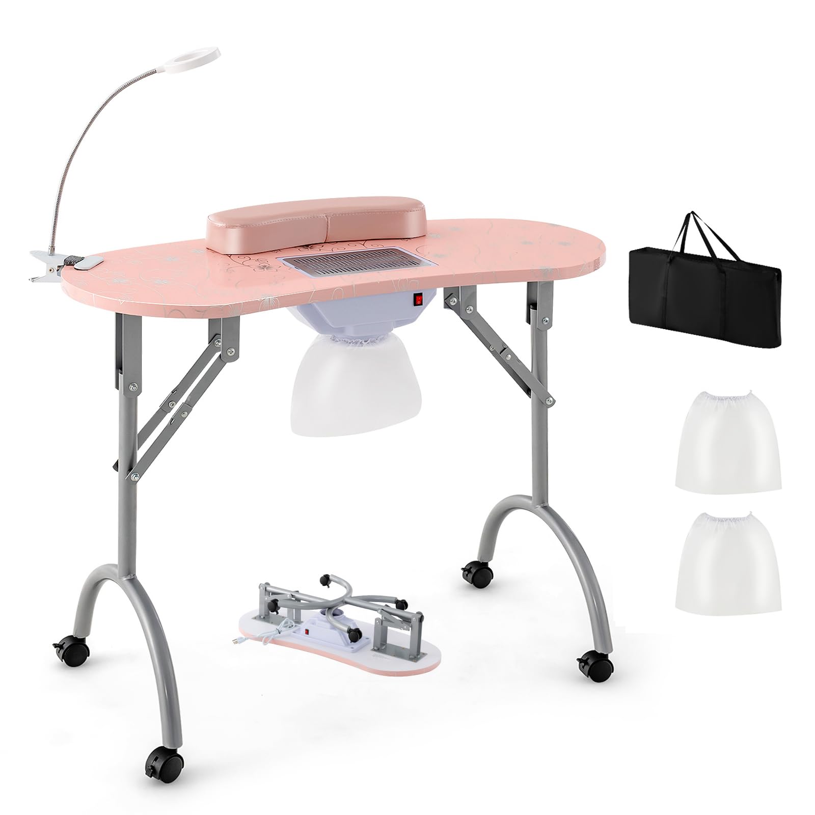 WELLHUT Portable Nail Technician Table with LED Lamp, Ventilation System, Dust Collector, Carry Bag & Cushion - Adjustable Manicure Station with Universal Wheels for Home Spa & Professional Salon Use (Pink) - Perfect for Nail Artists, DIY Enthusiasts & Beauty Professionals