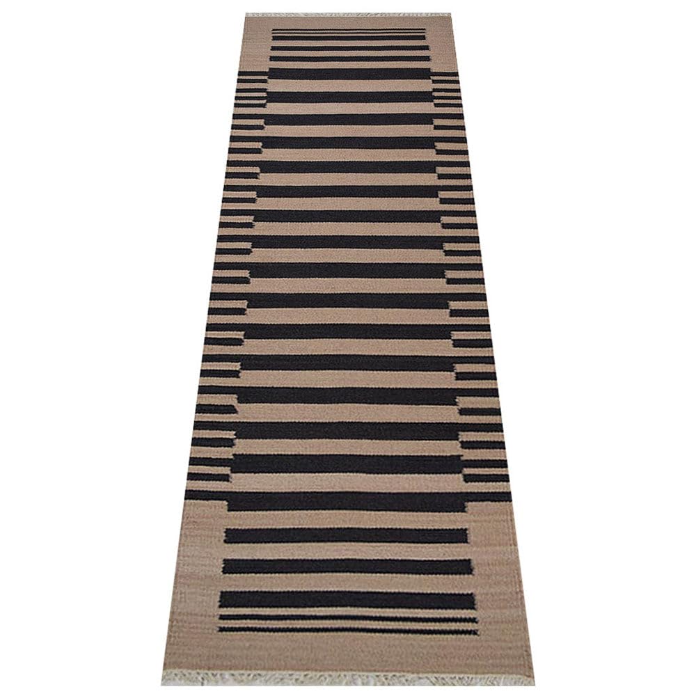 Handwoven Flat Weave Kilim Wool Eco-Friendly Area Rugs - 3'x13' Runner, Cream Charcoal Modern Design, Low Pile Handmade Carpet for Living Room, Hallway & Entryway | Sustainable Natural Fiber Rug for Home Decor