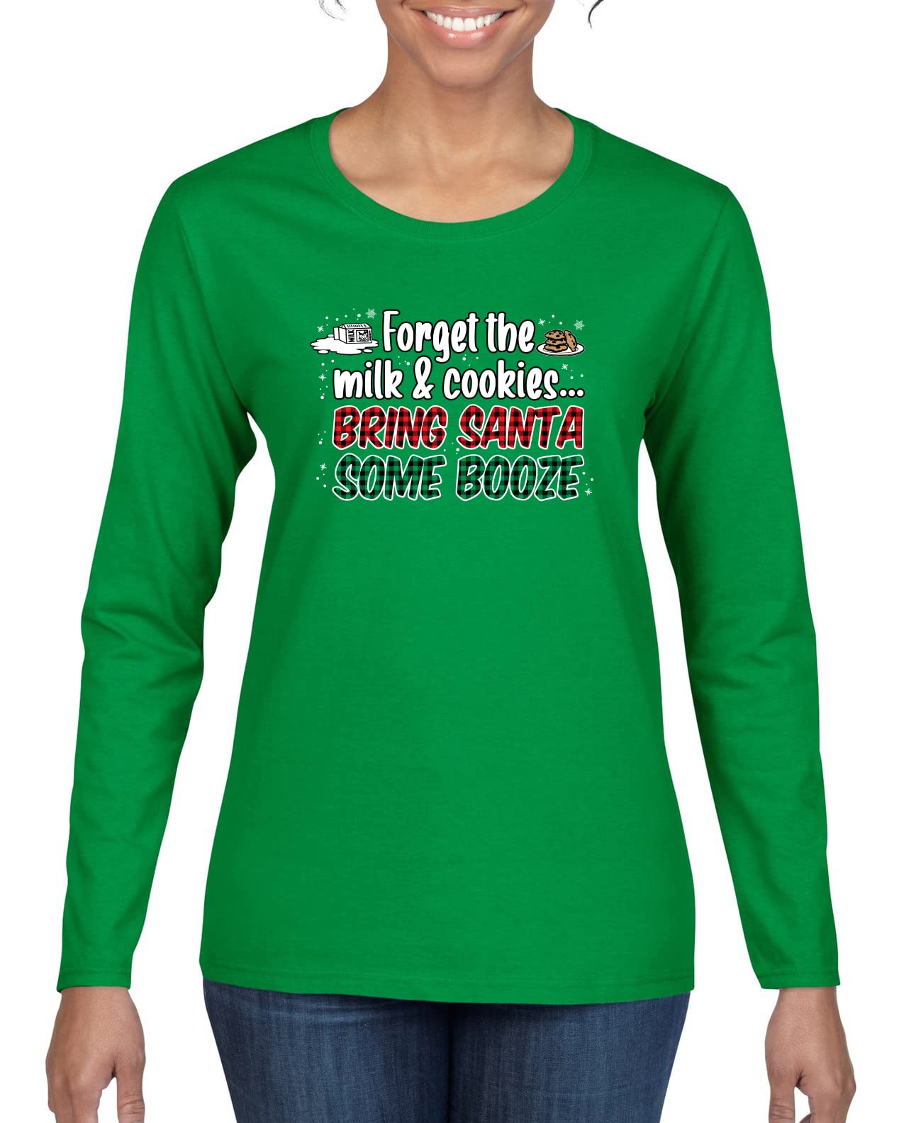 Wild Bobby Santa Booze Christmas Graphic Long Sleeve T-Shirt for Women - Funny Holiday Party Outfit & Ugly Sweater Alternative