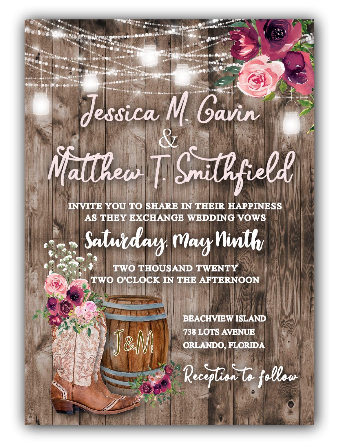 Country Barn Pink Rustic Wedding Invitations Set of 50 With White Envelopes - Cowgirl Cowboy Theme Western Wedding Stationery for Barn Weddings, Country Themed Events & Anniversary Celebrations