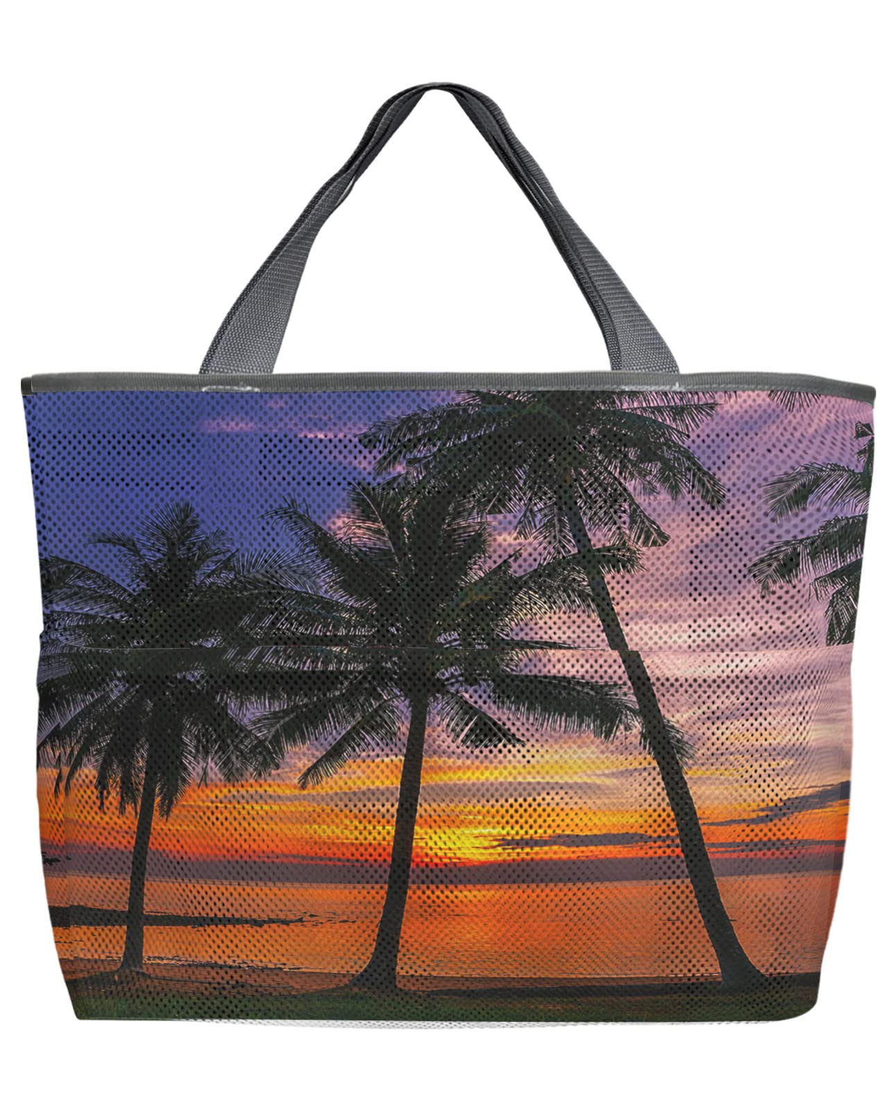 Waterproof & Sandproof Extra Large Mesh Beach Tote Bag with Zipper Pockets - Coconut Tree Design for Women, Men & Kids | Perfect for Summer Beach, Pool, Gym & Travel Accessories | Sunset Scenery Shoulder Bag for Outdoor Activities