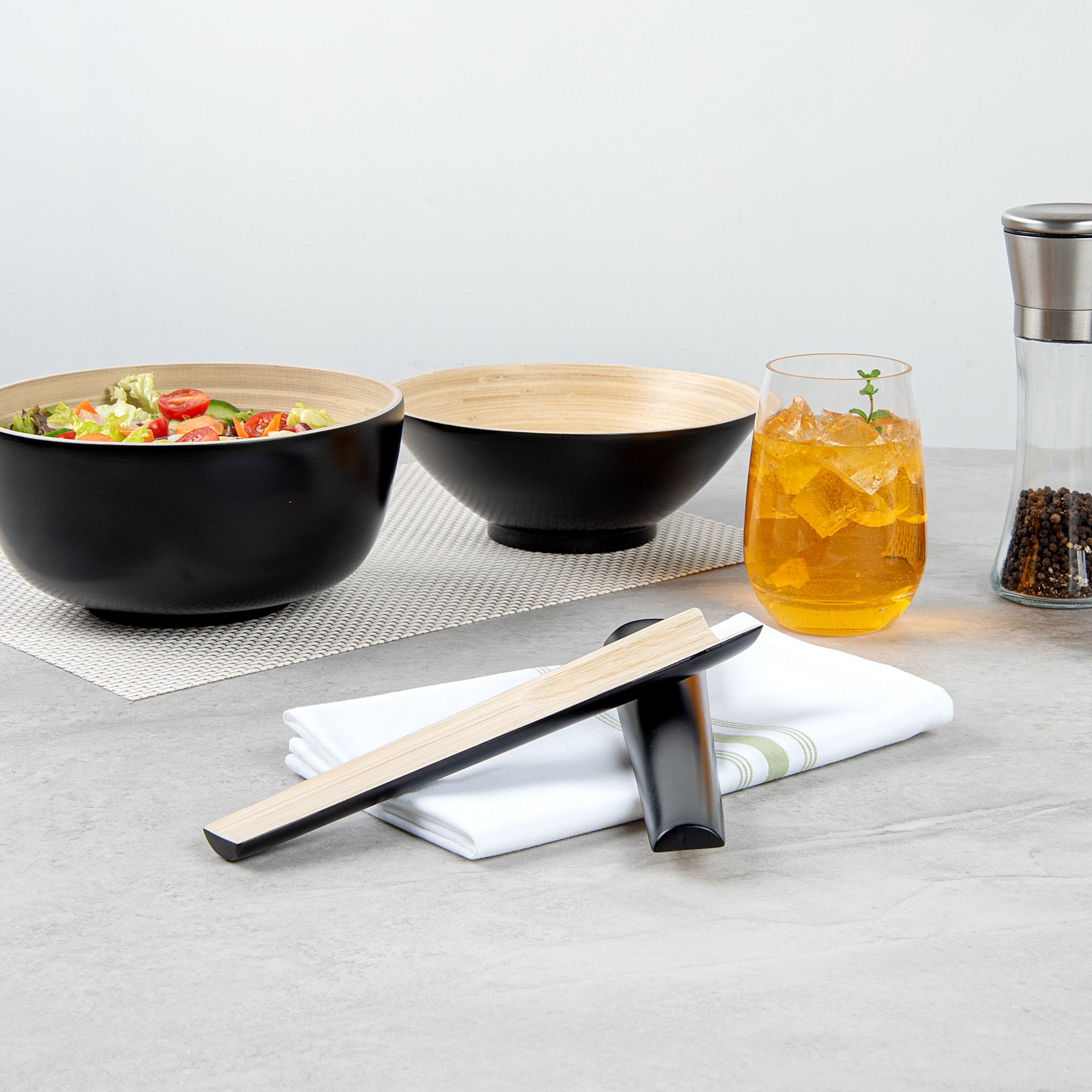 Bambuddha Black Spun Bamboo 2-Piece Salad Server Set - 9.75