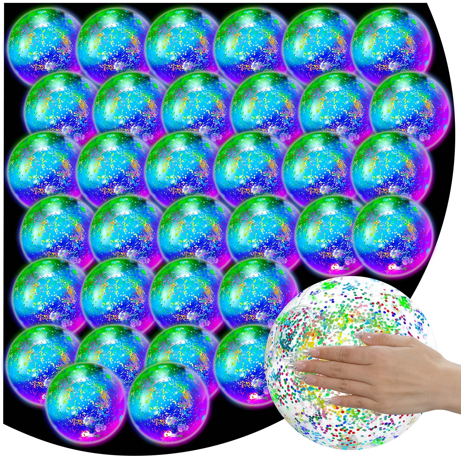 16 Pack LED Light Up Beach Balls with Confetti Glitters - 9 Inch Inflatable Glow in The Dark Pool Toys for Summer Parties, Teens & Adults - Perfect for Night Swimming, Pool Parties & Beach Events (Colorful)