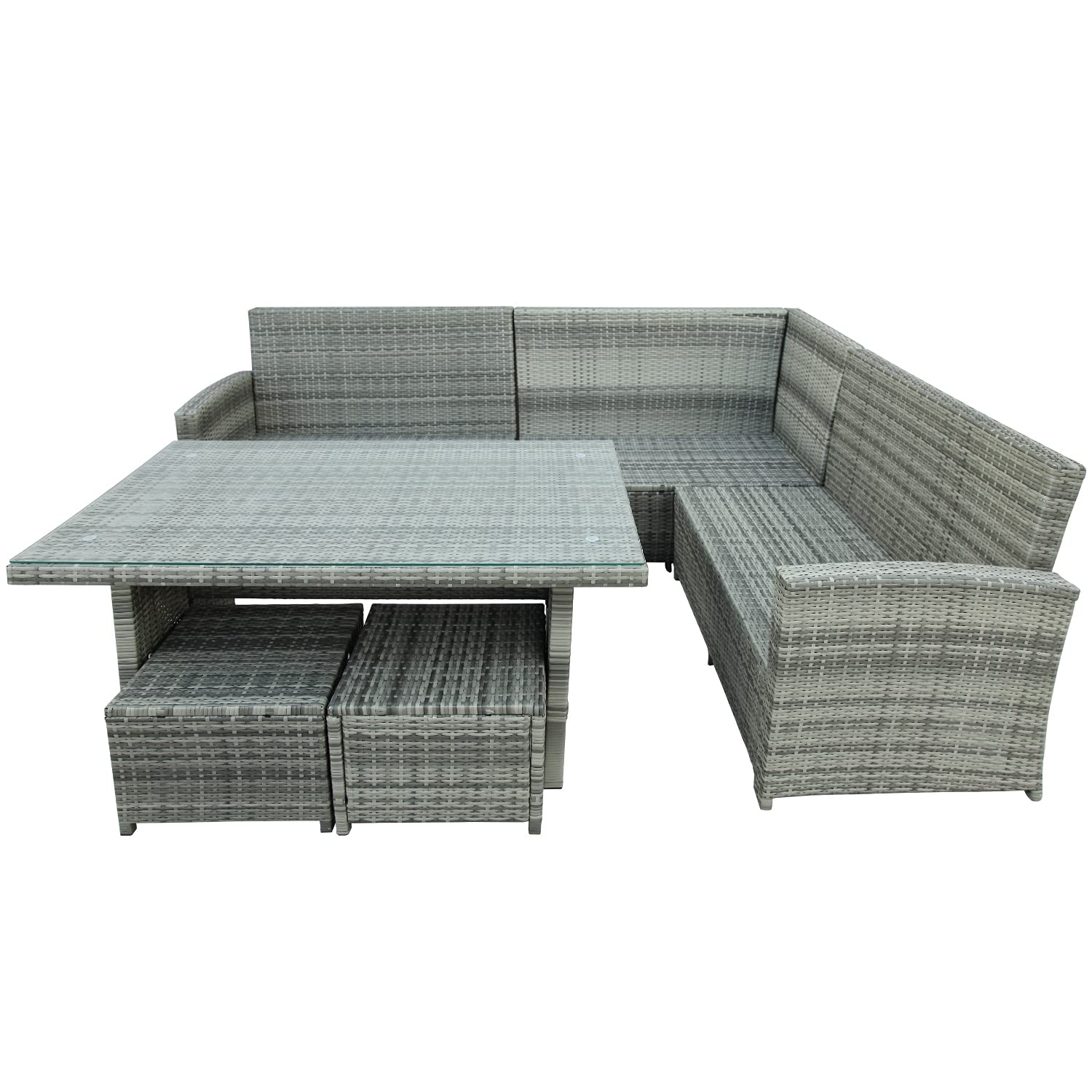 RUNNA 6-Piece Outdoor Patio Furniture Set - Waterproof Sectional Sofa with Tempered Glass Table & Ottomans for Poolside, Backyard, Garden, Lawn (Gray) - Perfect for Relaxing, Entertaining Guests & Outdoor Dining