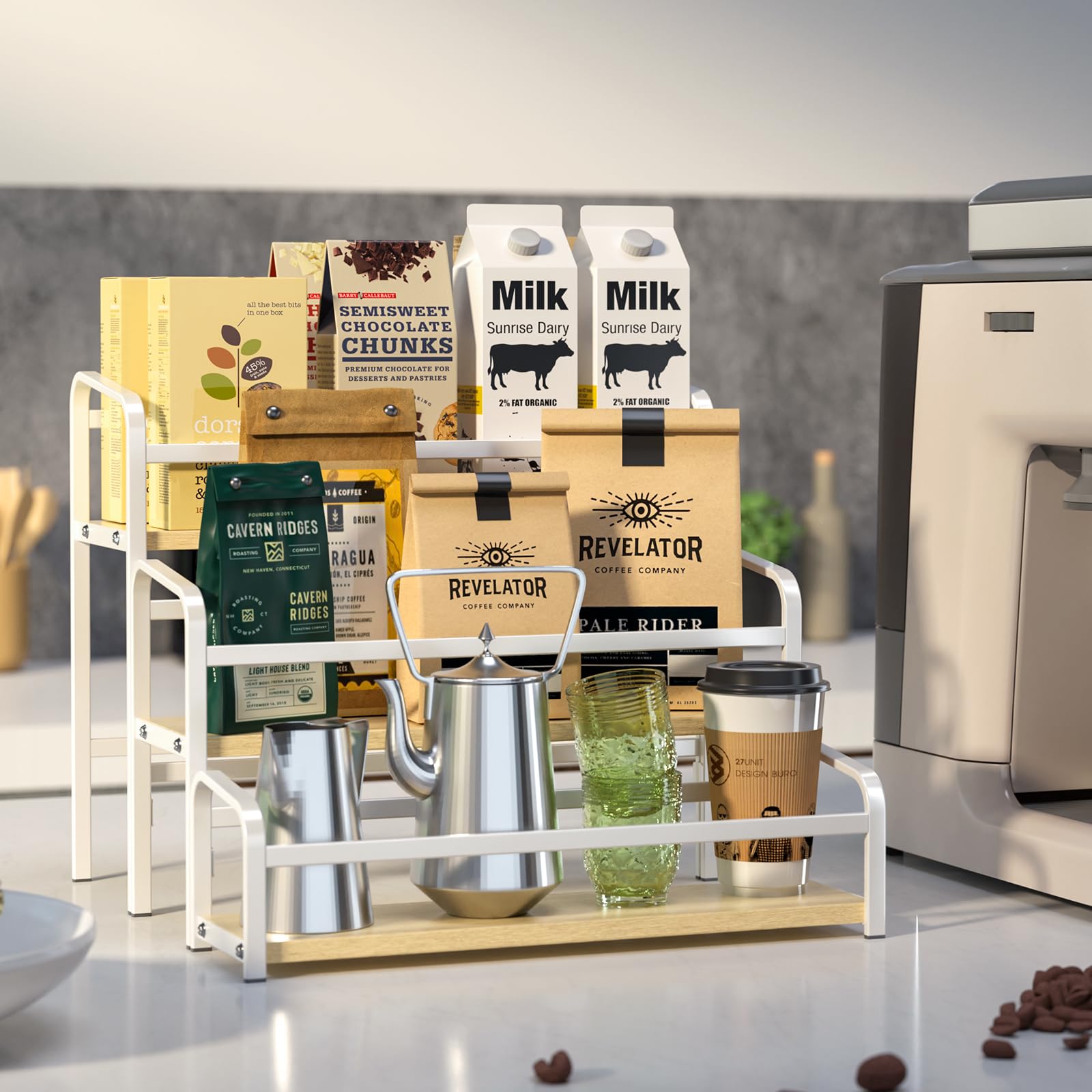 3-Tier Coffee Syrup Organizer Rack - Holds 12 Bottles for Coffee Bar, Wine & Spice Storage - Magnetic One-Step Installation - Perfect for Home Bars, Kitchen Countertops & Cabinet Organization