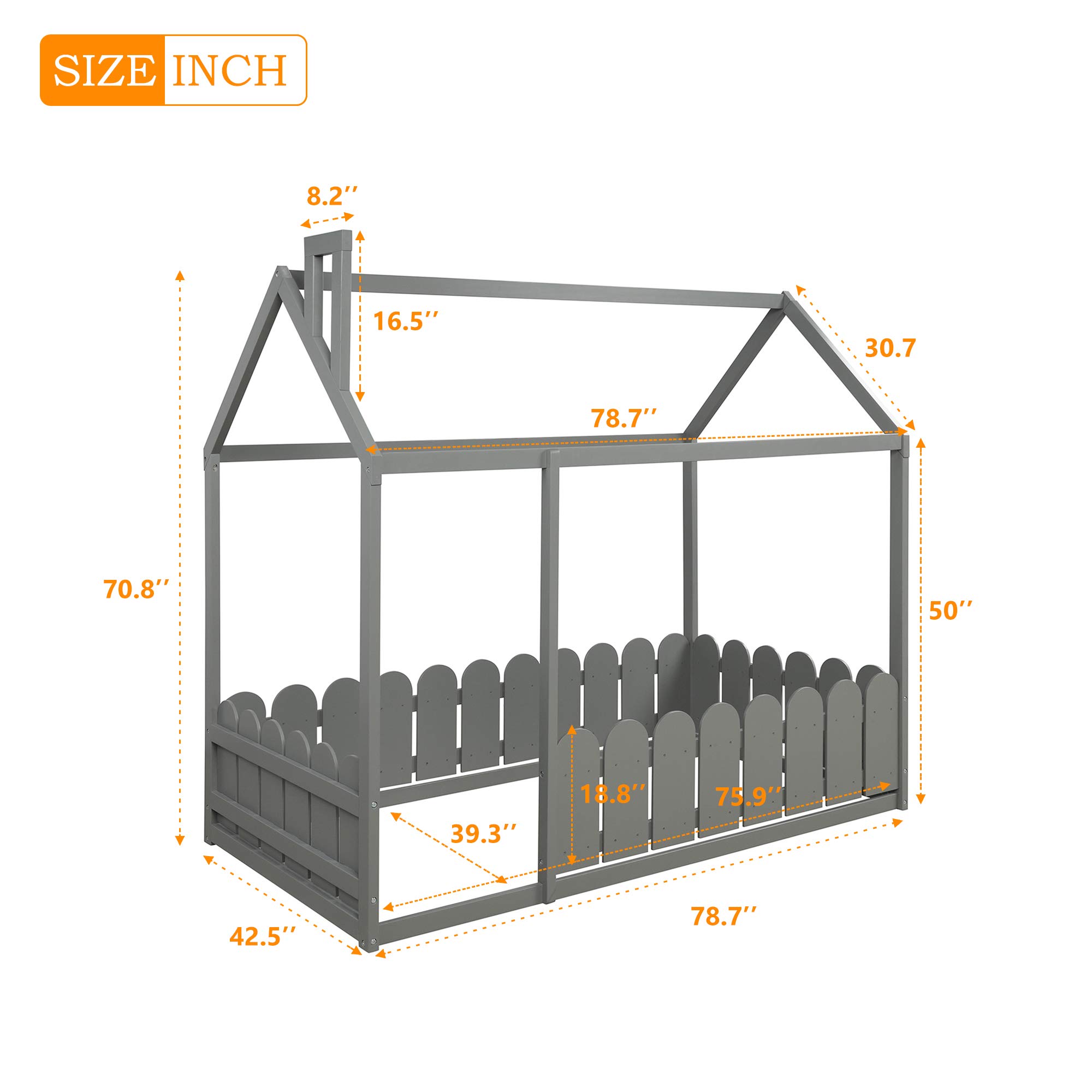 Wooden Twin House Bed Frame with Roof & Fence Guardrails for Toddlers, Kids, Boys & Girls - Easy Assembly, Grey (Box Spring Needed) | Perfect for Kids' Bedrooms, Playrooms & Themed Nursery Decor