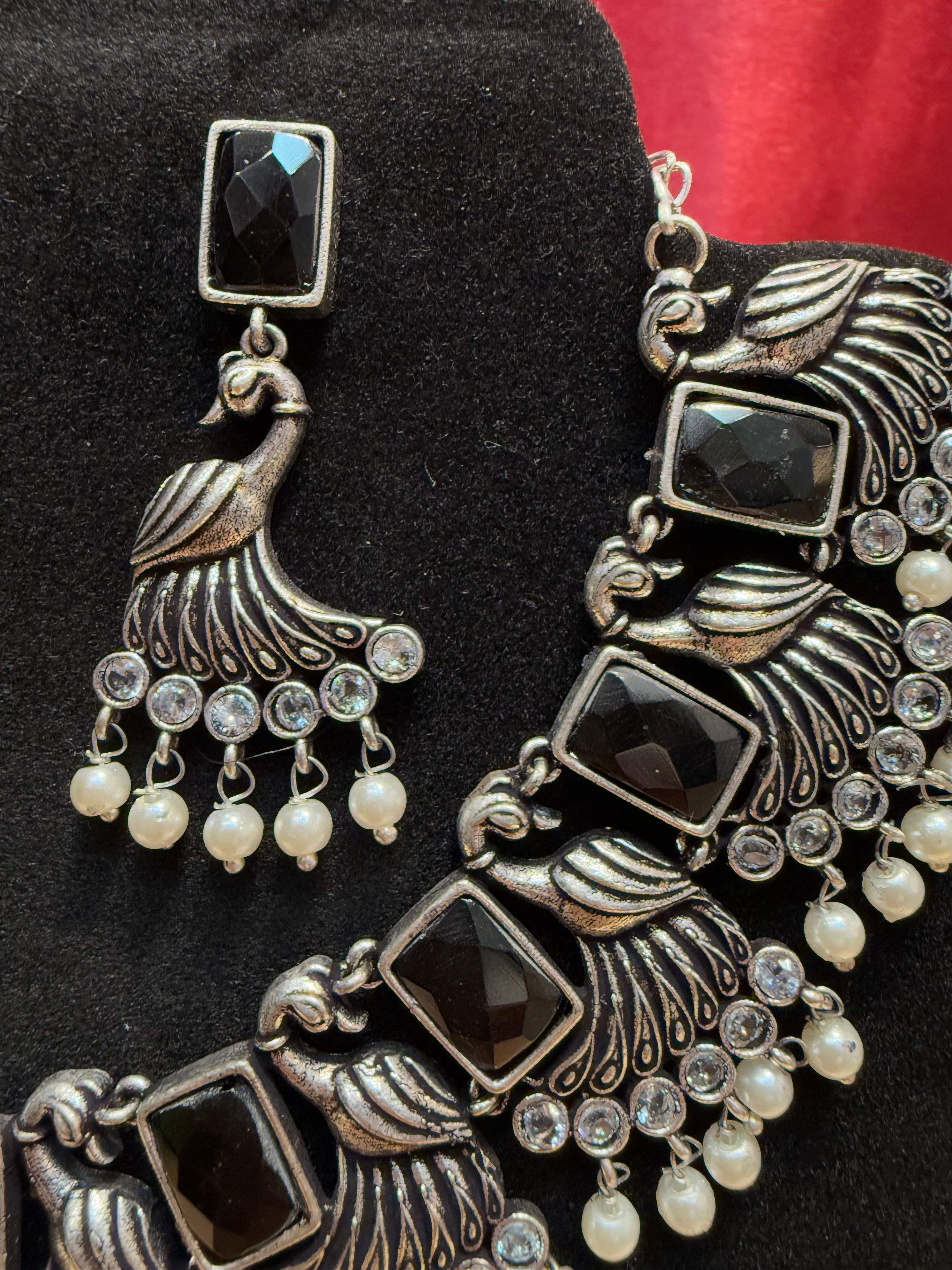 Oxidized Black Peacock Design Necklace & Earring Set - Elegant Jewelry for Women, Perfect for Parties, Weddings, and Special Occasions