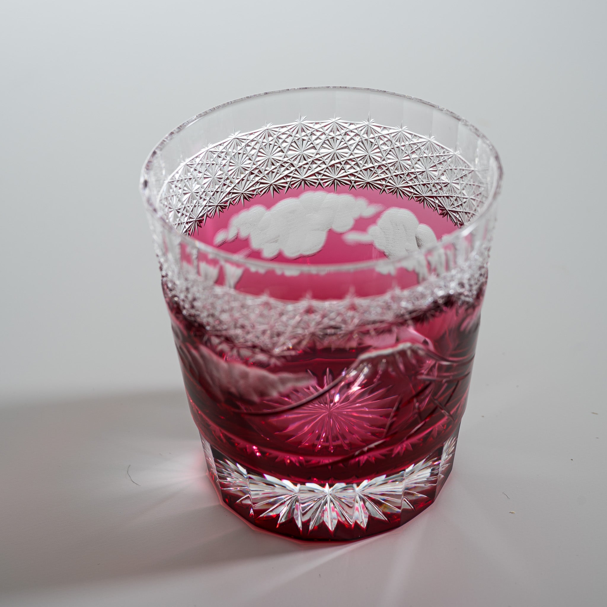 Yamada Crystal Glass Rock Glass with Mt Fuji Design - Elegant Red Whiskey Tumbler for Bourbon, Scotch & Cocktails - Perfect for Home Bar, Gifts & Party Decor
