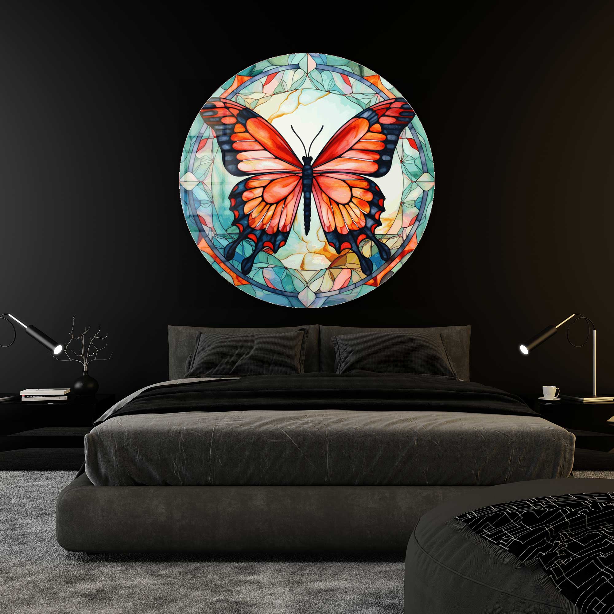 Stained Butterfly VII - Round Glass Wall Art Decor for Living Room, Bedroom & Office - Elegant Handmade Glass Mosaic Artwork