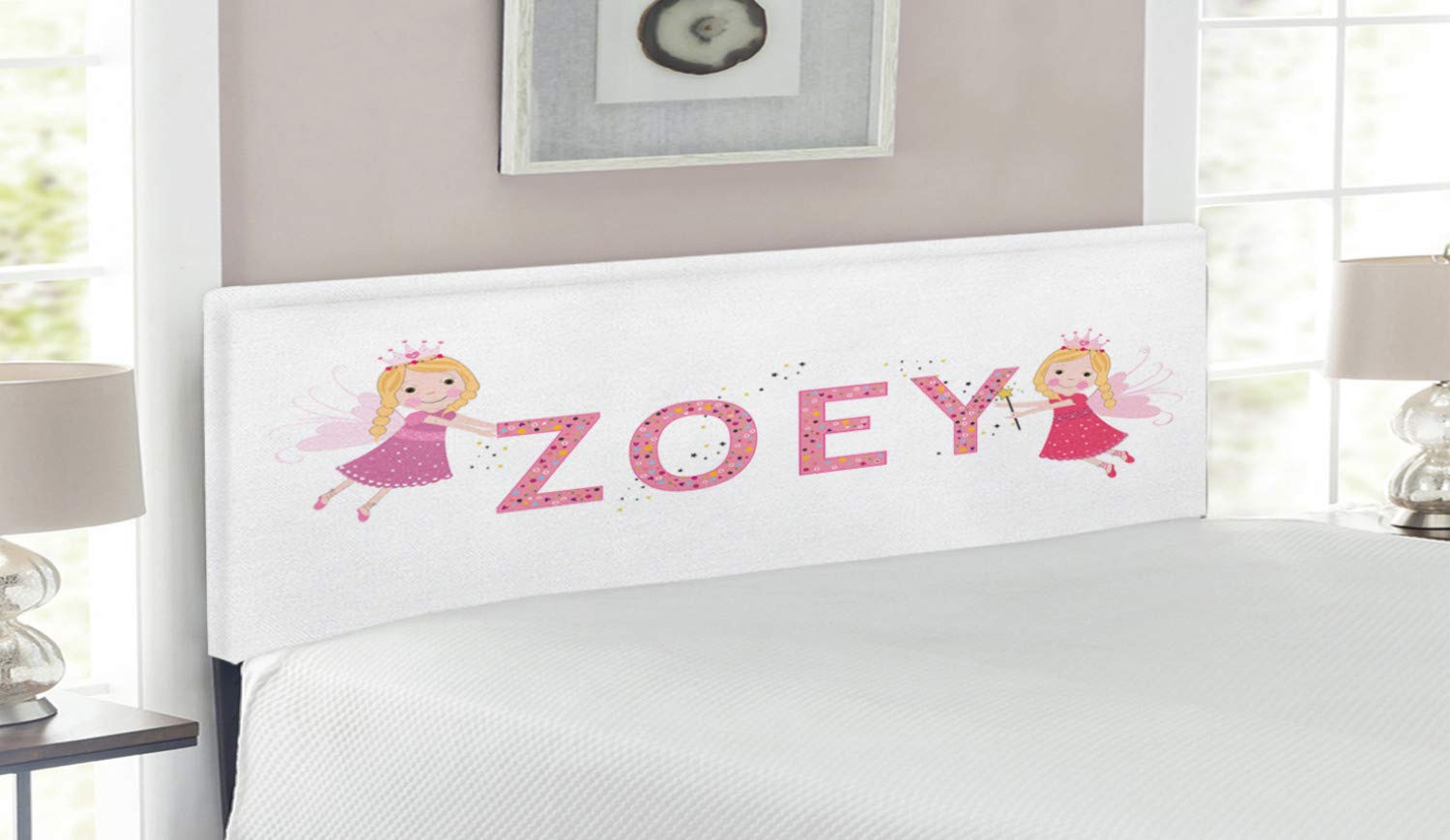Ambesonne Zoey Queen Size Upholstered Headboard - Feminine Themed Girls Bedroom Decor with Magic Creatures & Calligraphic Letter Design, Decorative Metal Bed Frame with Memory Foam - Perfect for Teen Girls Room, Dorm or Guest Bedroom Makeover