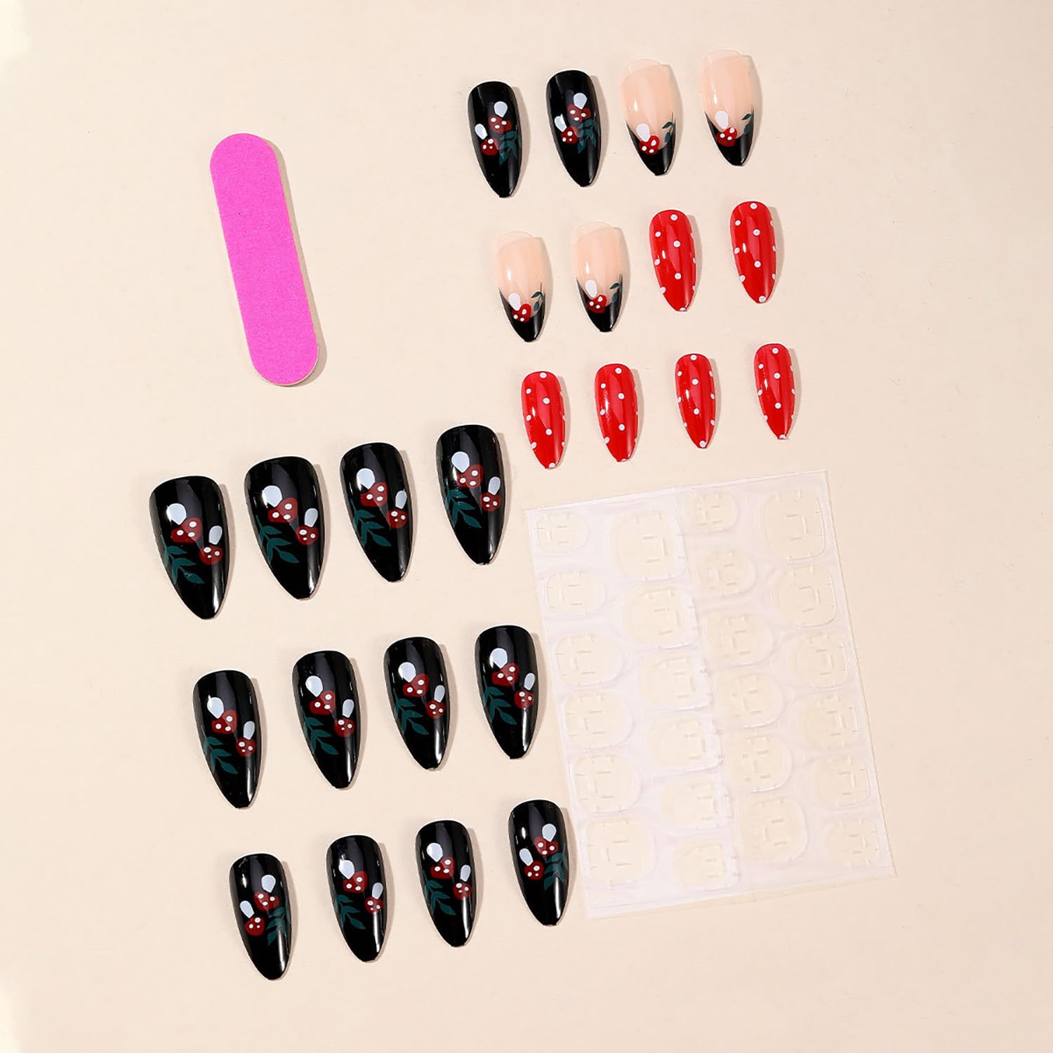 **Press on Nails Almond Medium Length - Glossy Black Acrylic Fake Nails with Mushroom Designs & Charms, Full Cover Artificial Nails for Women & Girls - Perfect for Parties, Halloween, Cosplay & Everyday Wear**