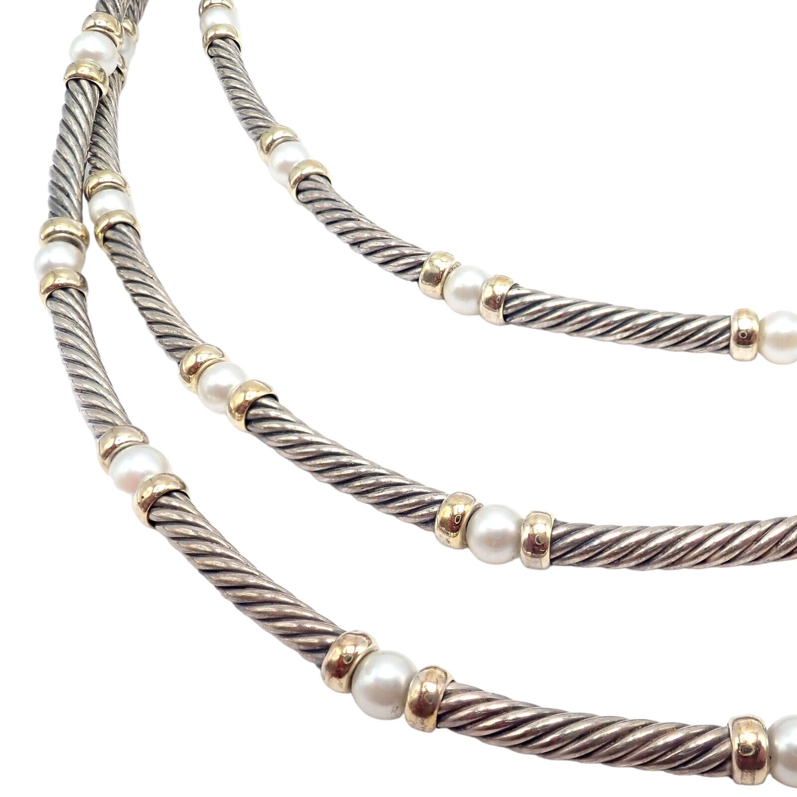 David Yurman DY Sterling Silver & 14k Yellow Gold 3 Cable 3mm Pearl Necklace - 15