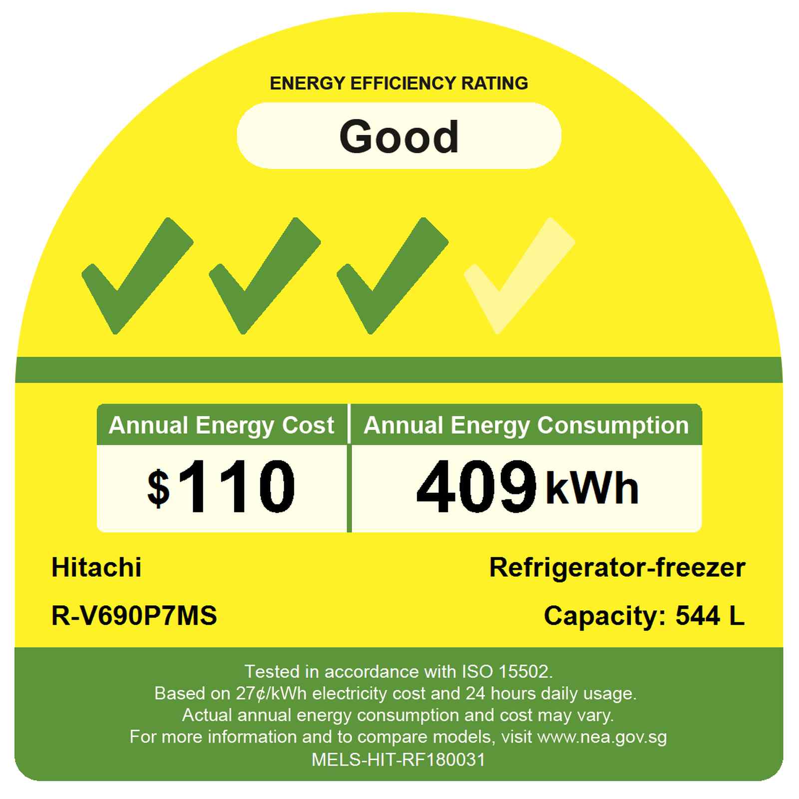 Hitachi 544L 2-Door Refrigerator RV690P7MSBSL - Energy Efficient Large Capacity Fridge for Home, Kitchen & RV Use
