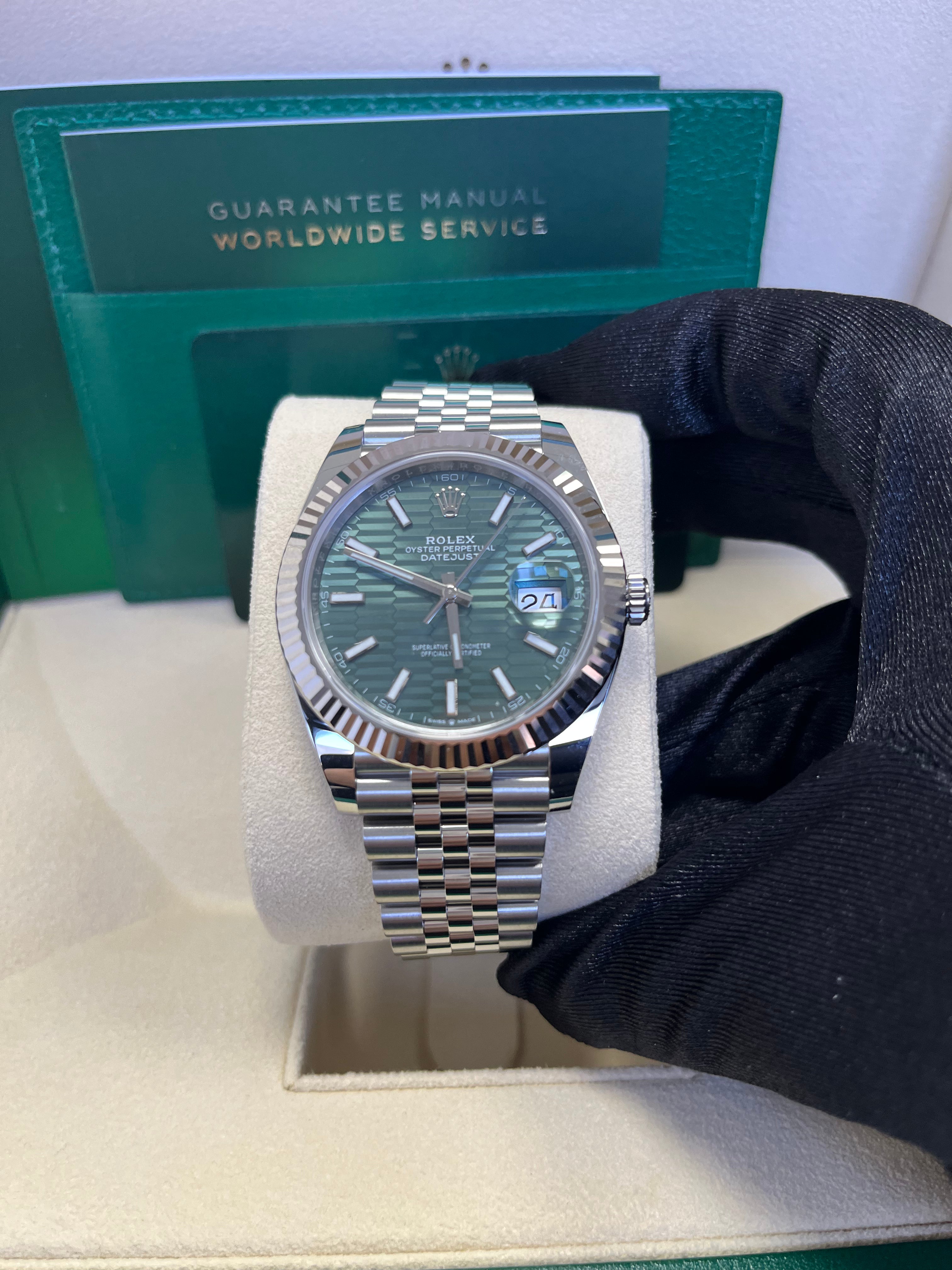 Rolex Datejust 41mm White Gold & Steel Watch with Mint Green Fluted Motif Dial & Fluted Bezel - Jubilee Bracelet Ref#126334 | Luxury Dress Watch for Men, Business & Formal Occasions