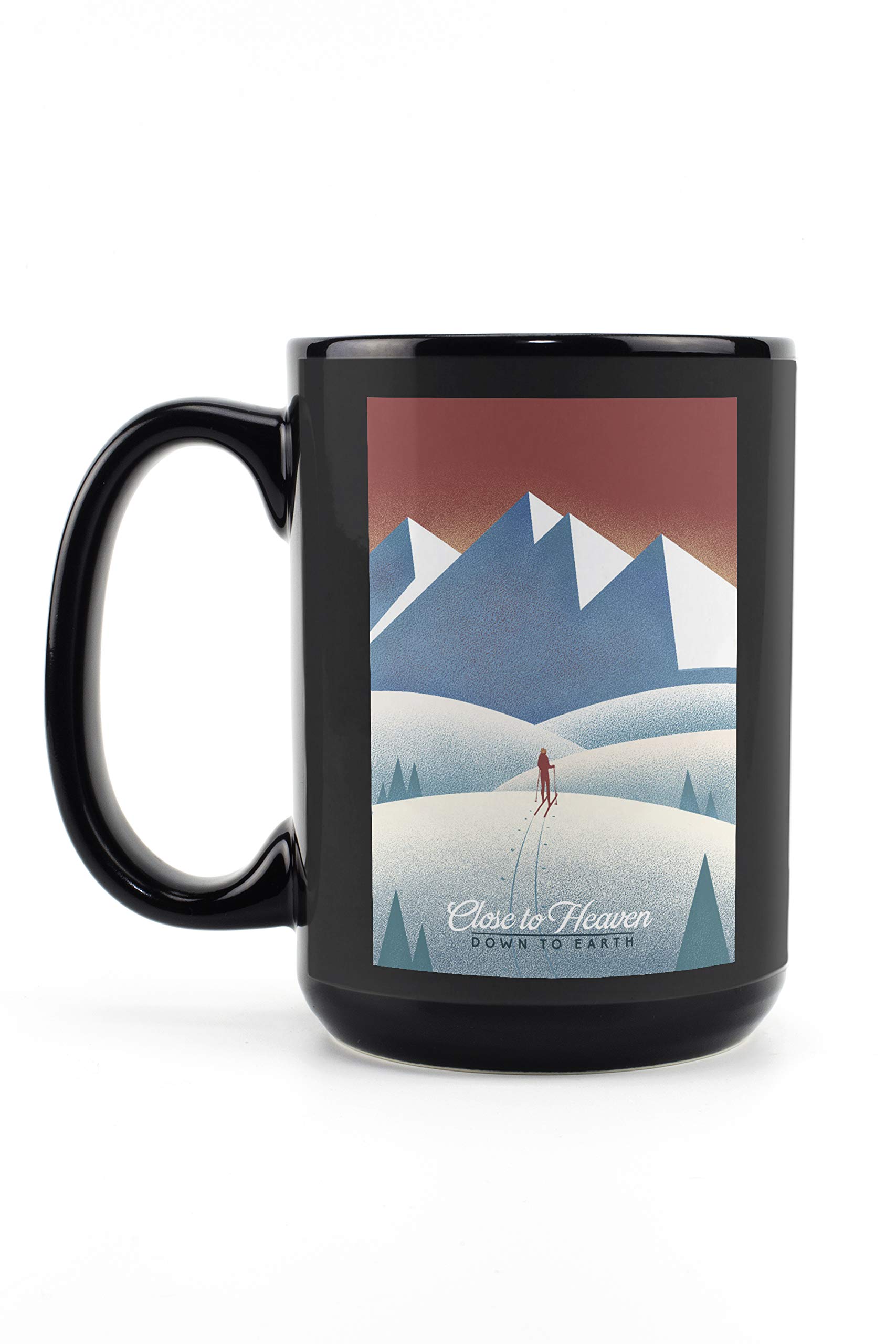 Skier in the Mountains 15oz Black Ceramic Coffee Mug - Microwave & Dishwasher Safe - Perfect for Hot Drinks, Office Use & Winter Gift Ideas
