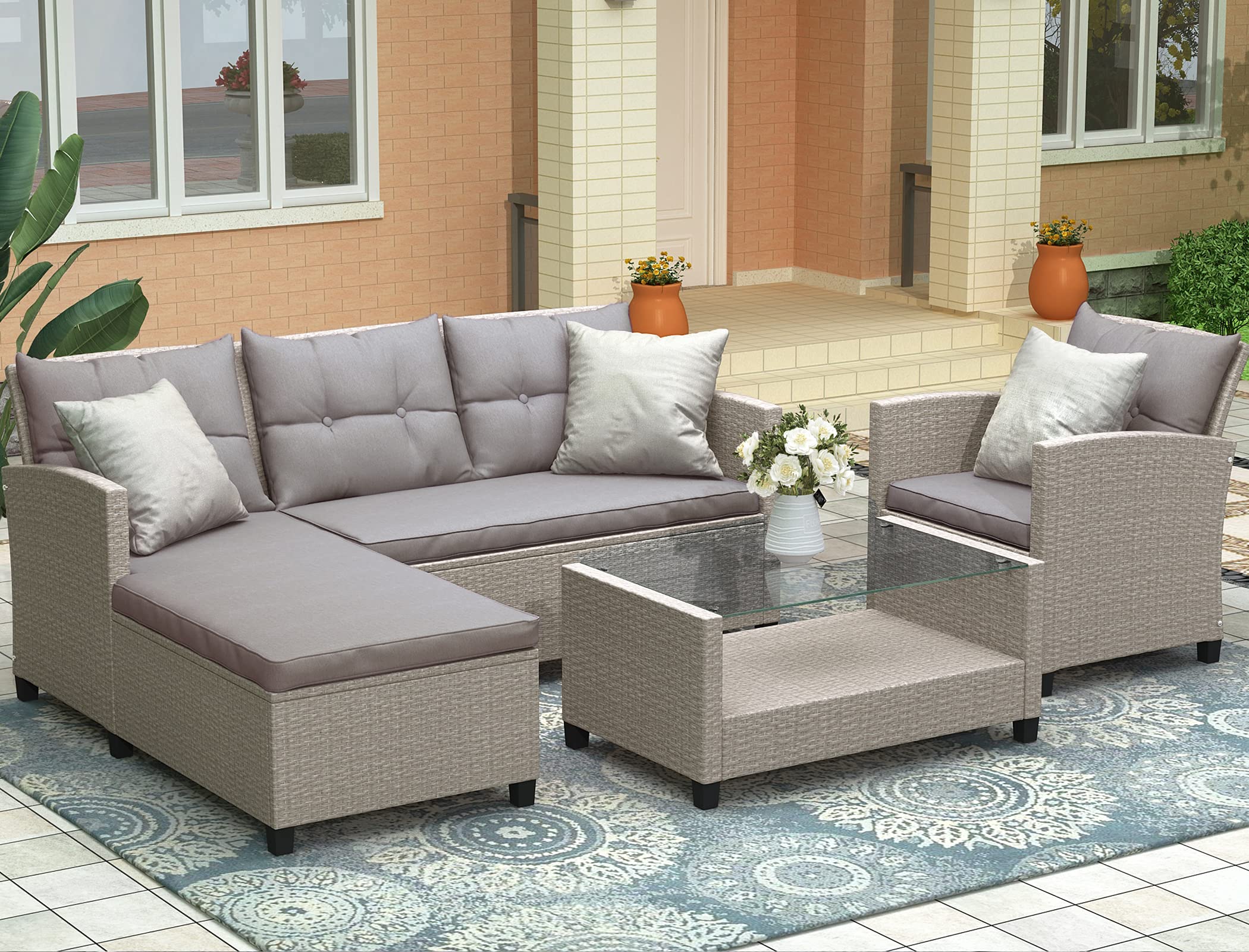 4-Piece Wicker Sectional Sofa Set with Cushions & Glass Table - Patio, Outdoor, Living Room Furniture
