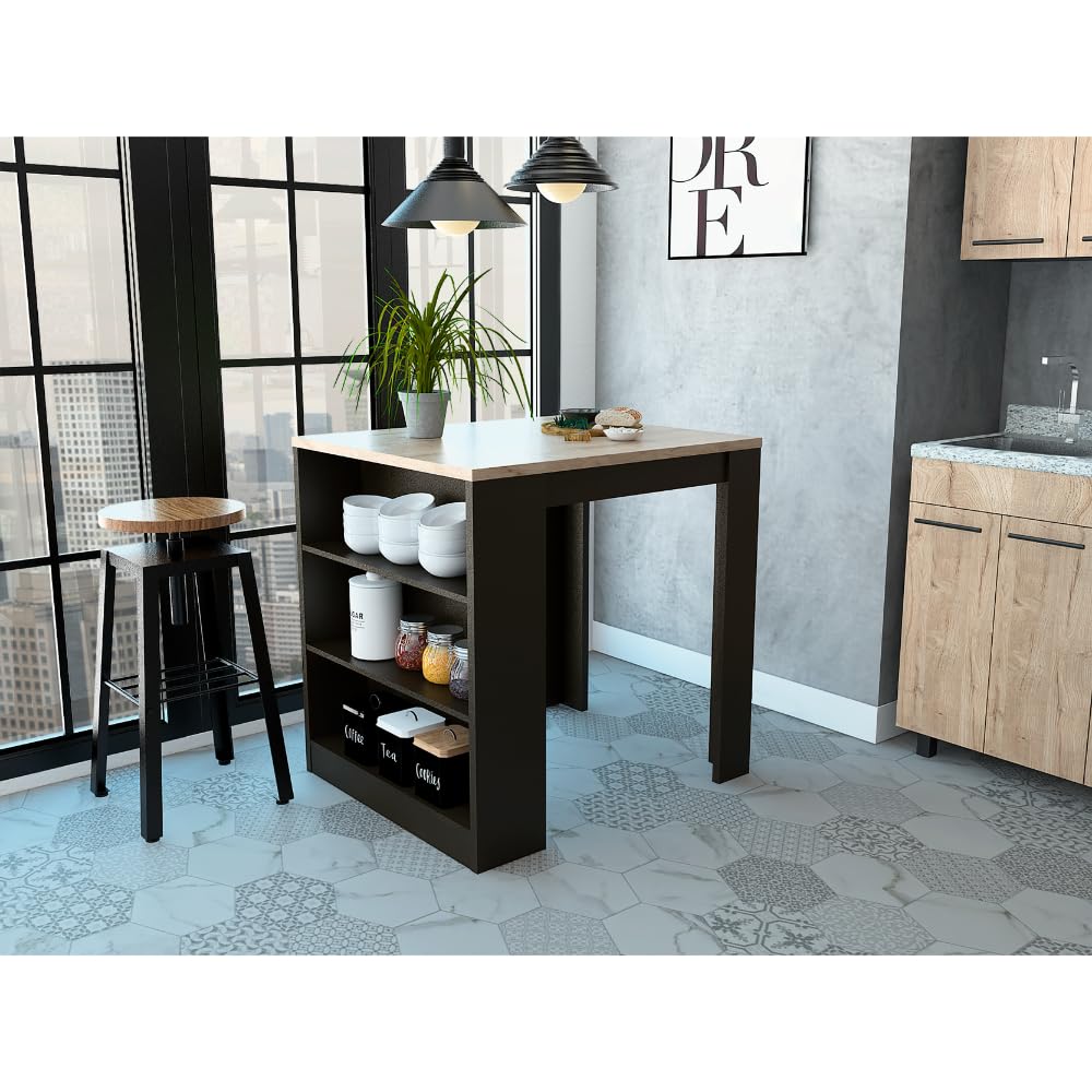 Tuhome Tanna Kitchen Counter Dining Table with 2 Legs & 3 Side Shelves - Black/Pine Wood - Perfect for Small Spaces, Breakfast Nooks & Studio Apartments