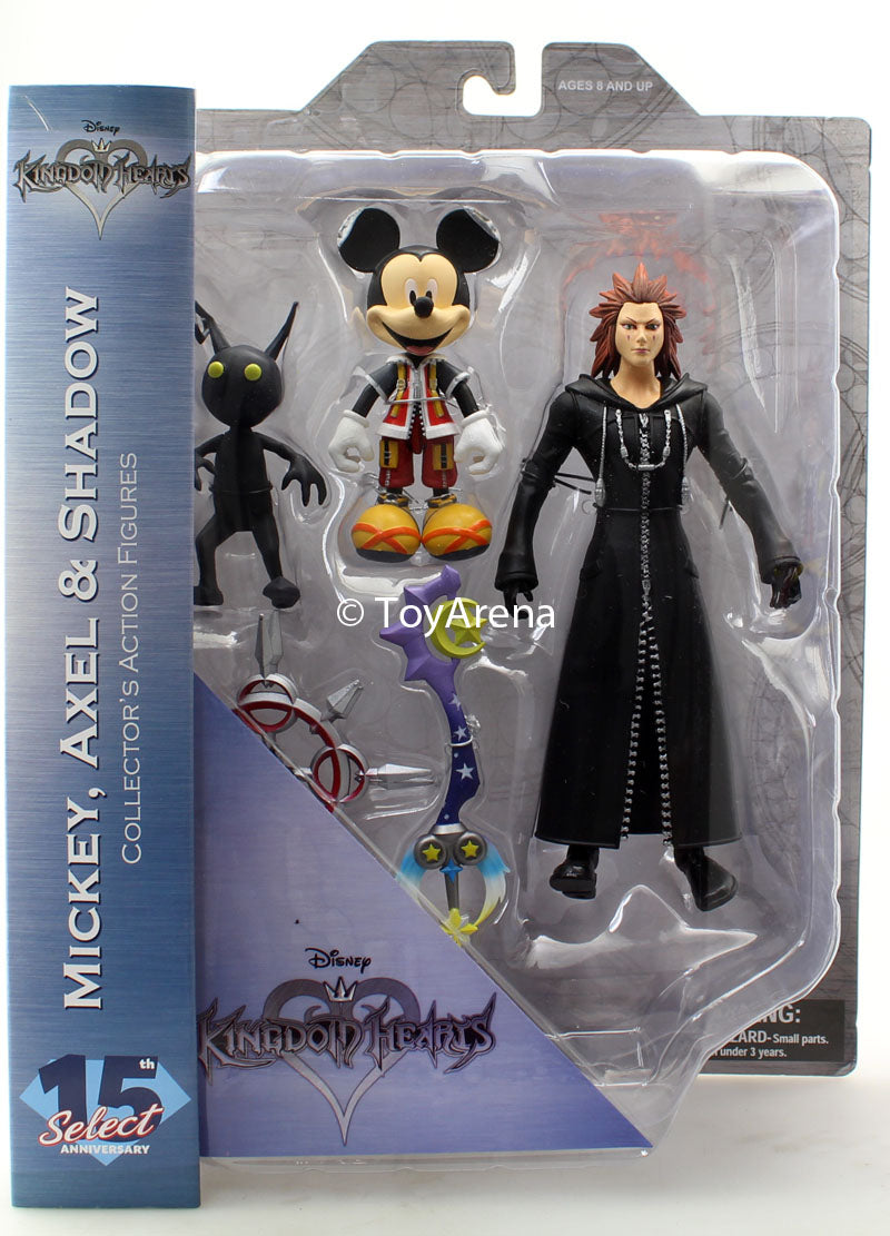 Diamond Kingdom Hearts Select Mickey, Axel & Shadow Action Figure Set - 3-Piece Collectible Toy for Disney Fans, Cosplay & Display