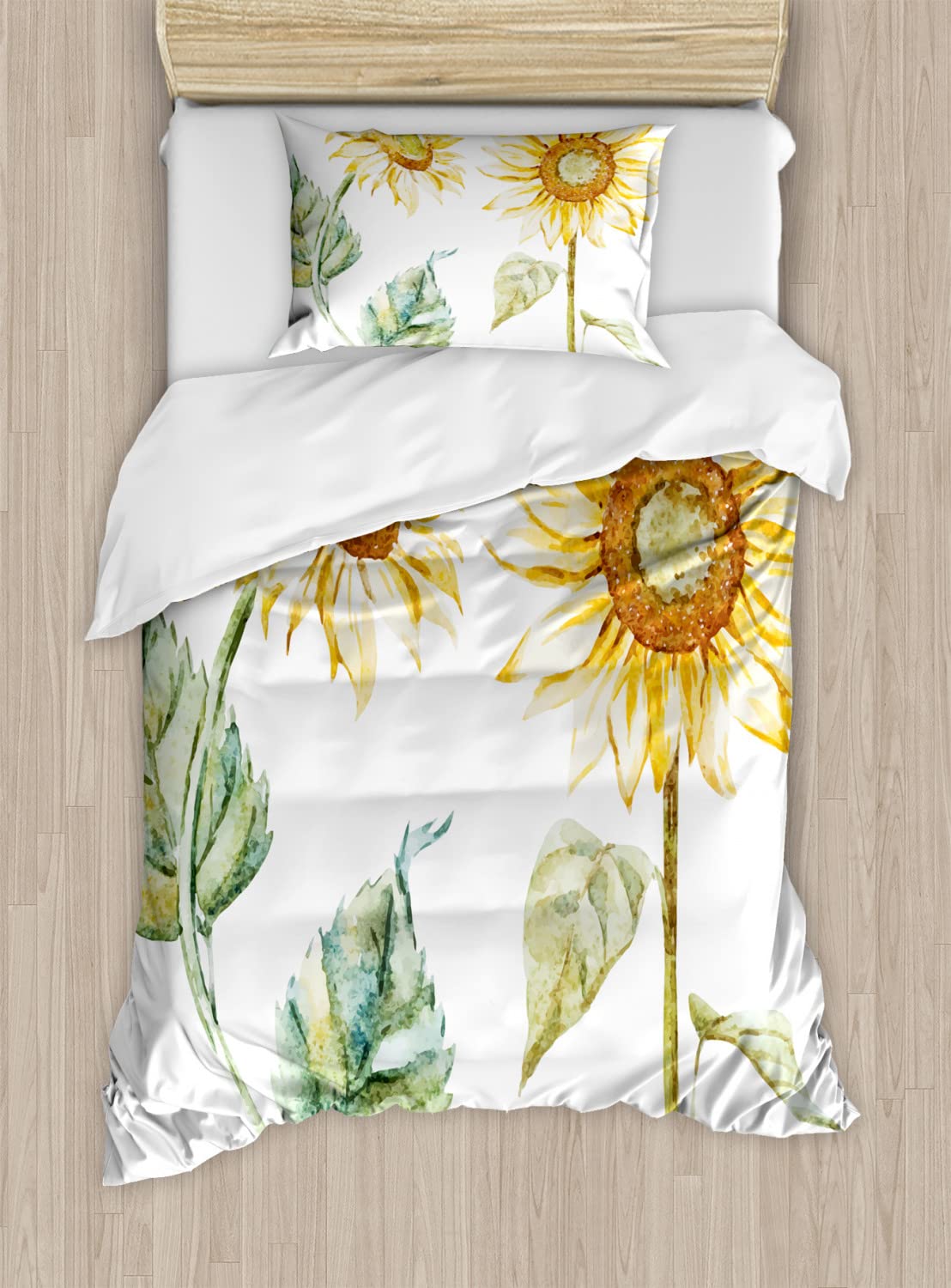 Ambesonne Watercolor Duvet Cover Set - Queen Size 2-Pack with Sunflower Design | 2 Duvet Covers & 4 Pillowcases in Yellow & Green | Summer Inspired Bedding for Farmhouse, Boho & Guest Room Decor