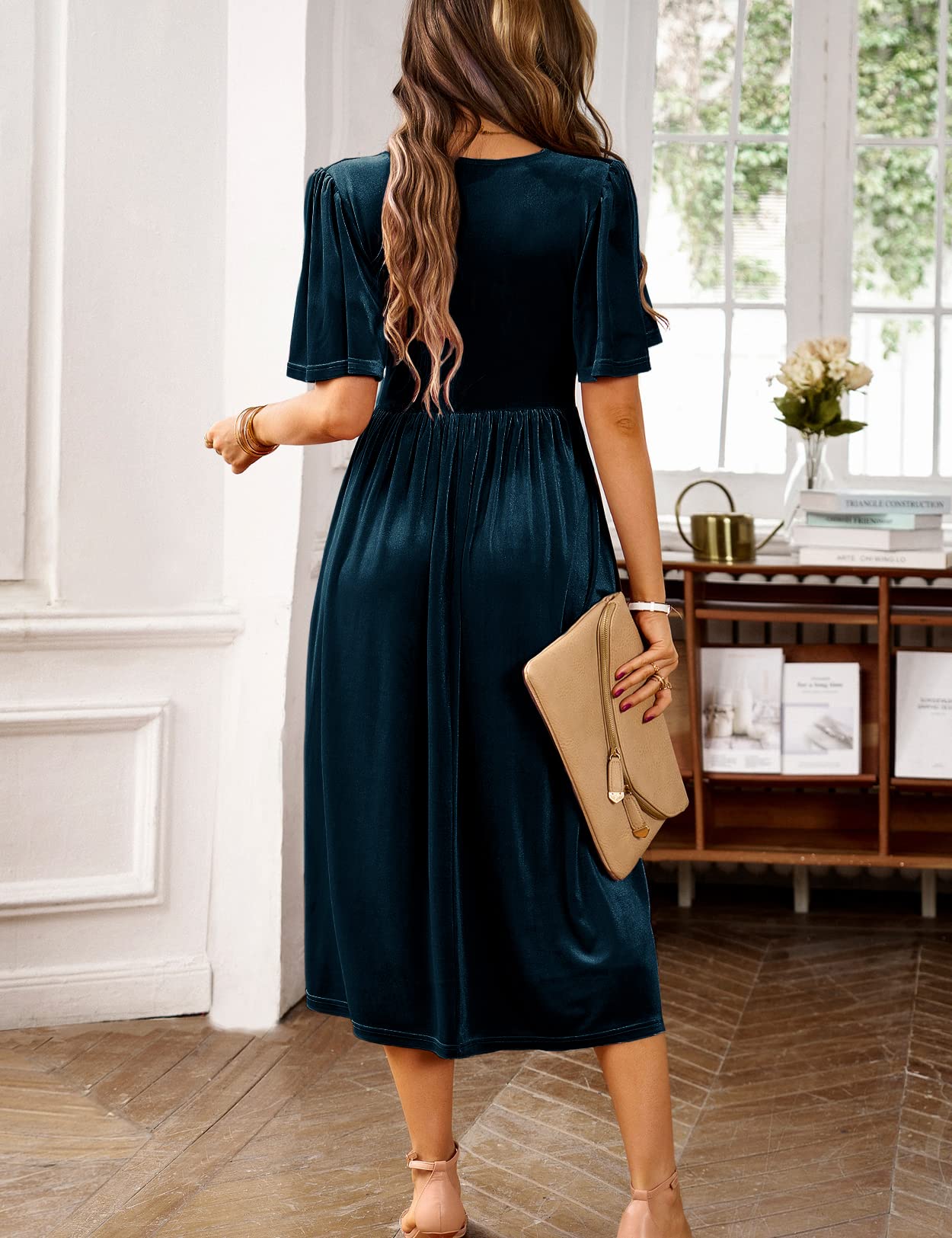 Zilcremo Women's Elegant Deep V-Neck Velvet Dress with Bell Sleeves & Lace Details - Flowy Midi Party Dress for Evening Events, Weddings & Holiday Celebrations