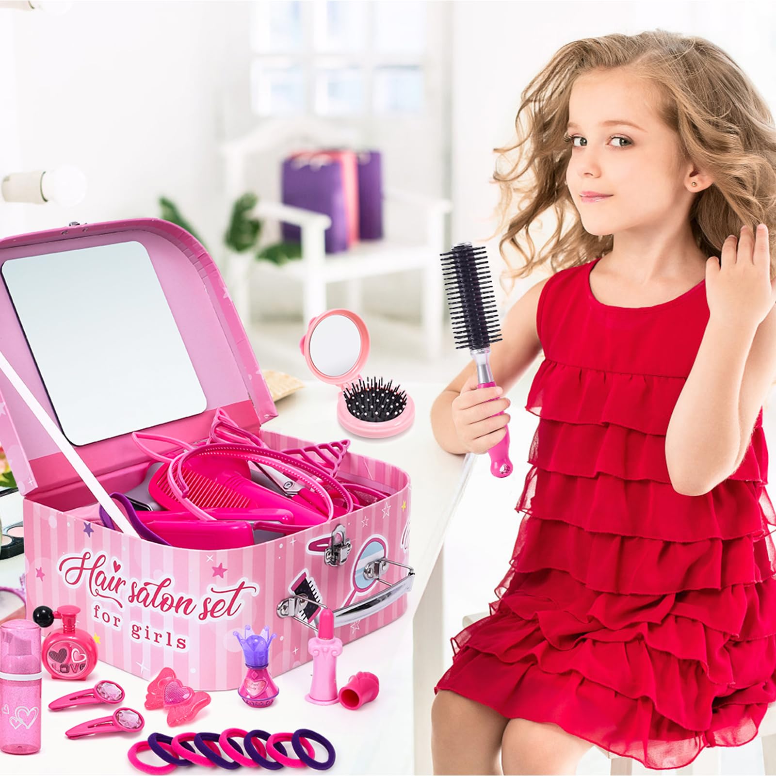 Lorfancy 49-Piece Kids Pretend Play Hair Salon & Beauty Makeup Set with Hairdryer, Apron, Curling Iron, Flat Iron, Mirror & Scissors - Toddler Dress Up Toys for Girls - Perfect Birthday Gift for Pretend Play, Role Play & Creative Fun
