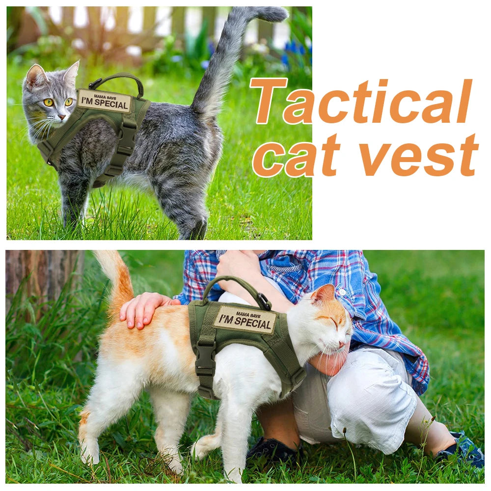 Military Tactical Cat Harness Vest with Adjustable Straps & Reflective Stickers - Escape Proof Pet Safety Gear for Outdoor Adventures, Hiking & Camping