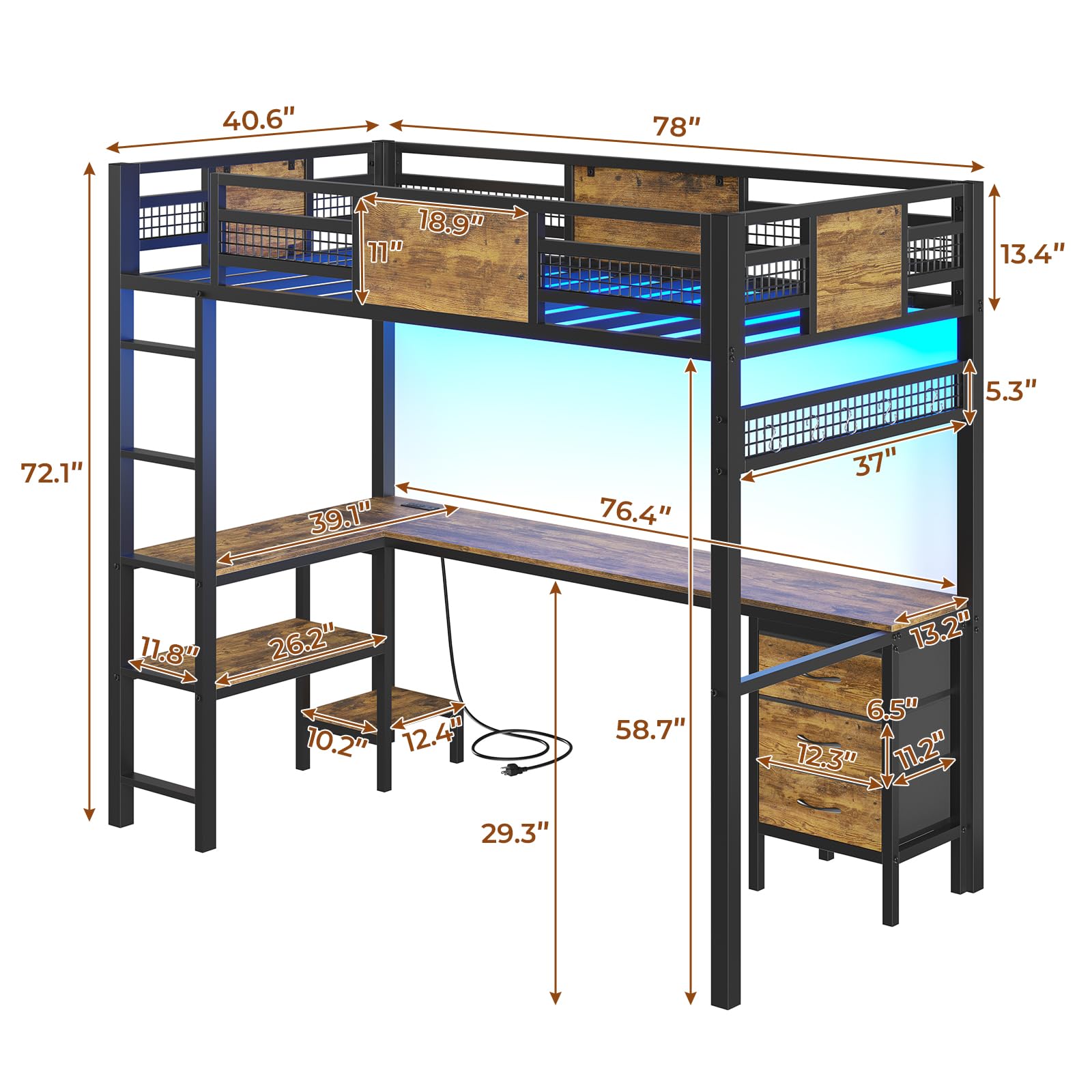 Twin Loft Bed with L-Shaped Desk - Metal Twin Size Bed Frame with LED Lights & USB Charging Station, 3 Fabric Drawers & 2-Tier Storage Shelves, Safety Guard Rail & Ladder - Space Saving Kids/Teens Bed for Small Rooms, Dorms & Apartments (No Box Spring Needed)