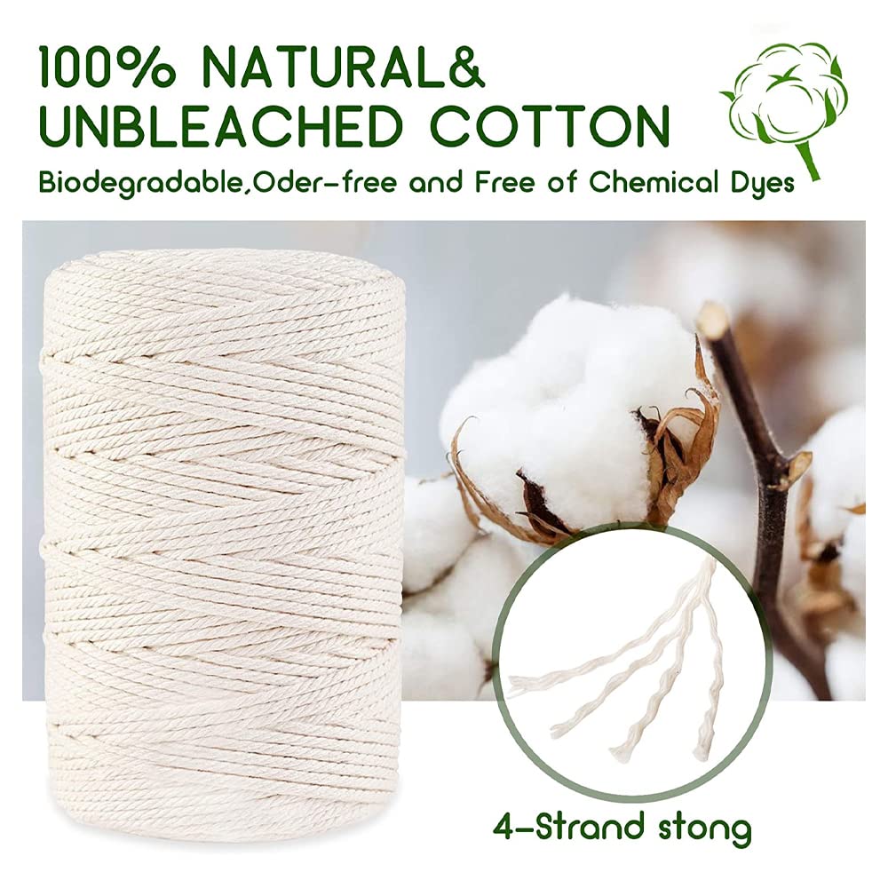 4 Strand Twisted Macrame Cotton Cord - 5mm x 109 Yards Natural White Macrame Yarn for DIY Crafts, Plant Hangers & Wall Hangings | Perfect for Boho Home Decor, Wedding Backdrops & Handmade Jewelry Making